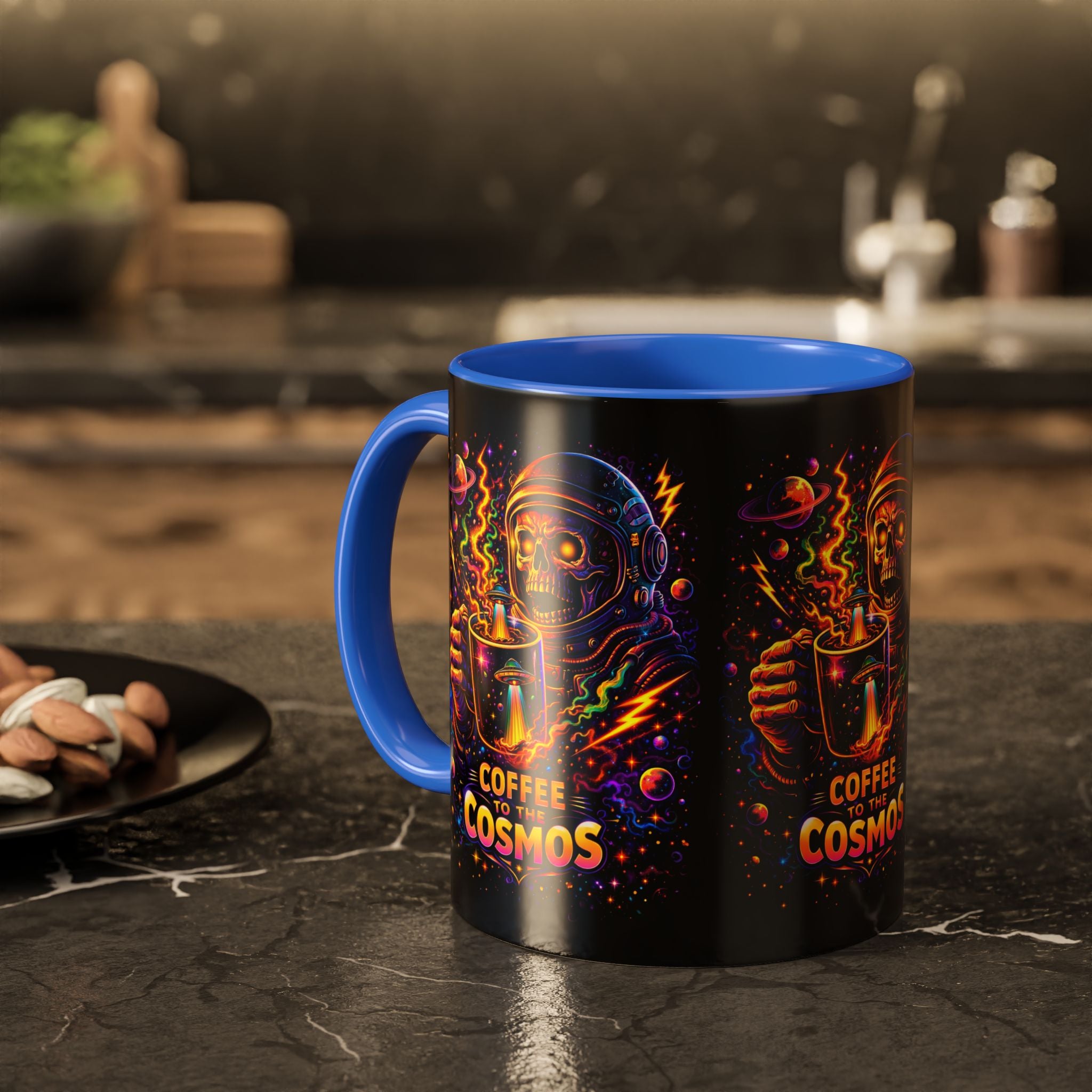 Coffee to the Cosmos Mug — Neon Space Skull Coffee Mug (11oz/15oz) Printify