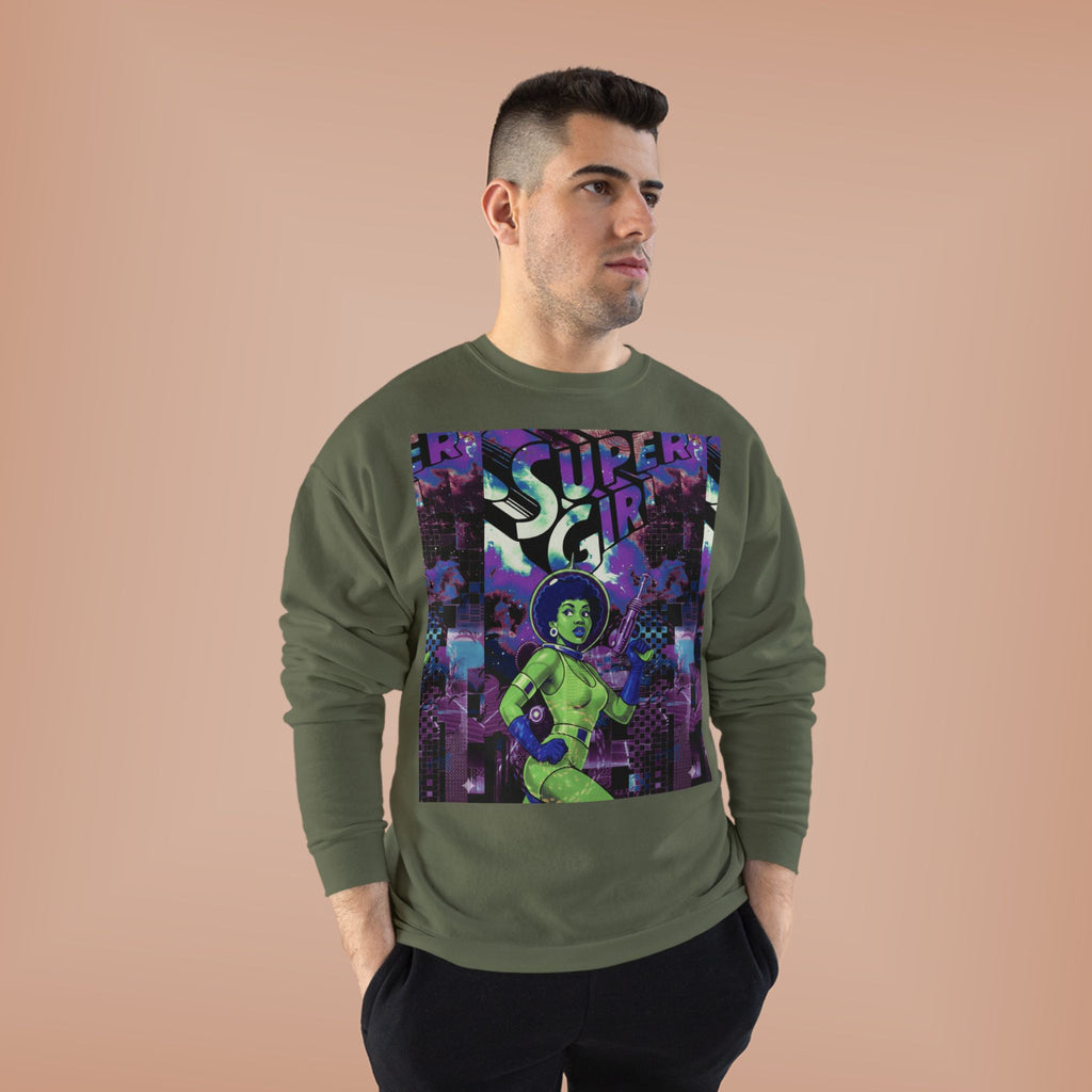 Retro Sci‑Fi 'Supergirl' Graphic Sweatshirt — Neon Space Comic Crewneck