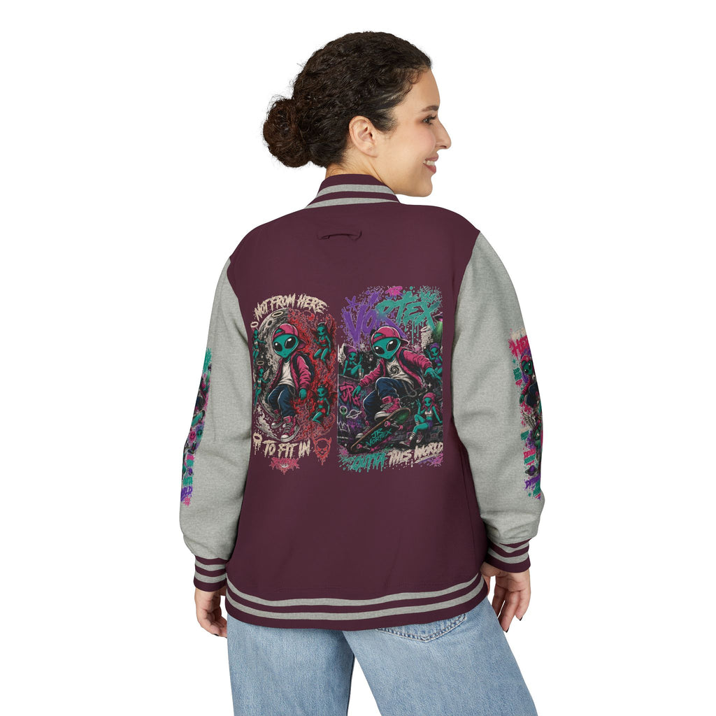 Letterman Jacket — Neon Alien Skull Graphic Varsity Jacket