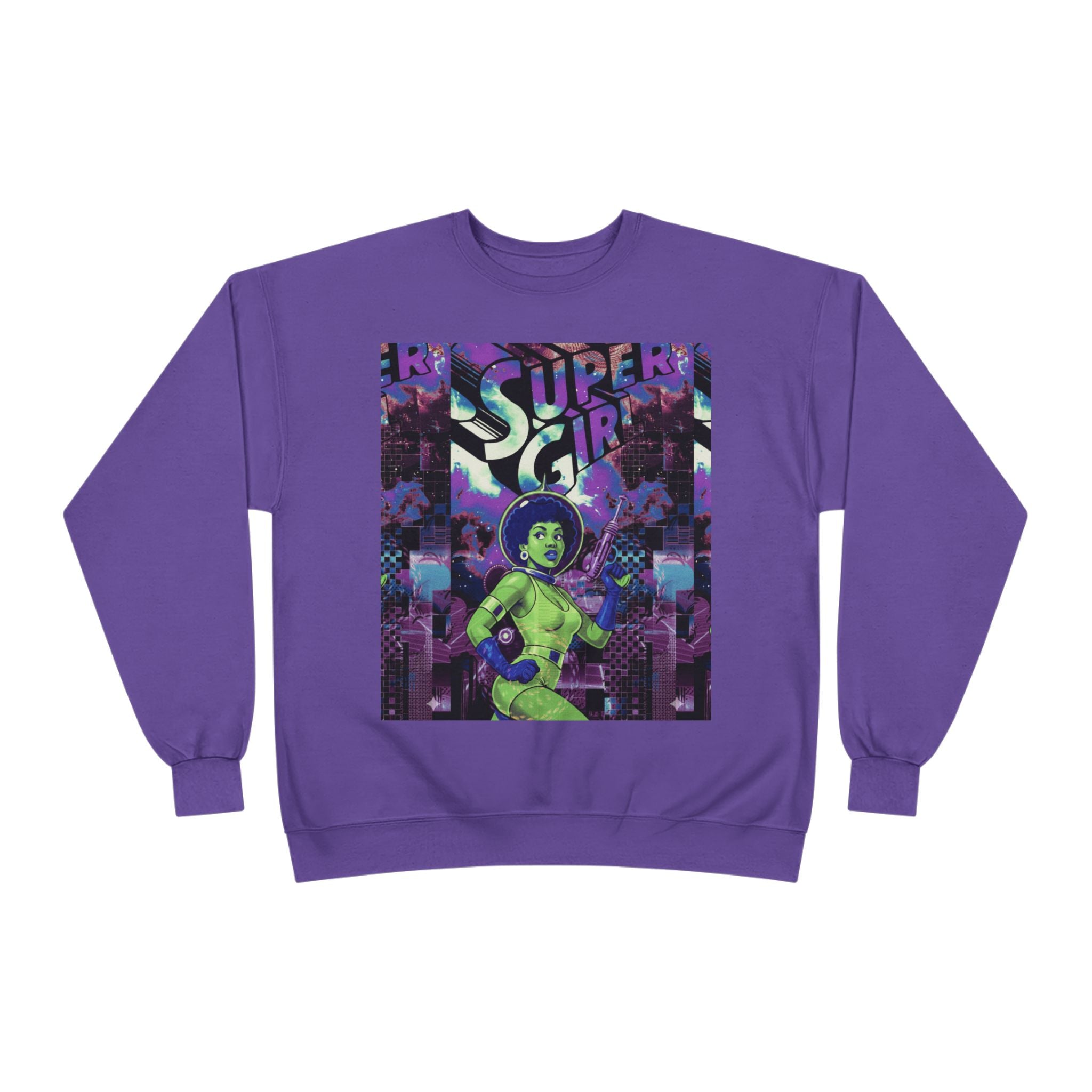Retro Sci‑Fi 'Supergirl' Graphic Sweatshirt — Neon Space Comic Crewneck