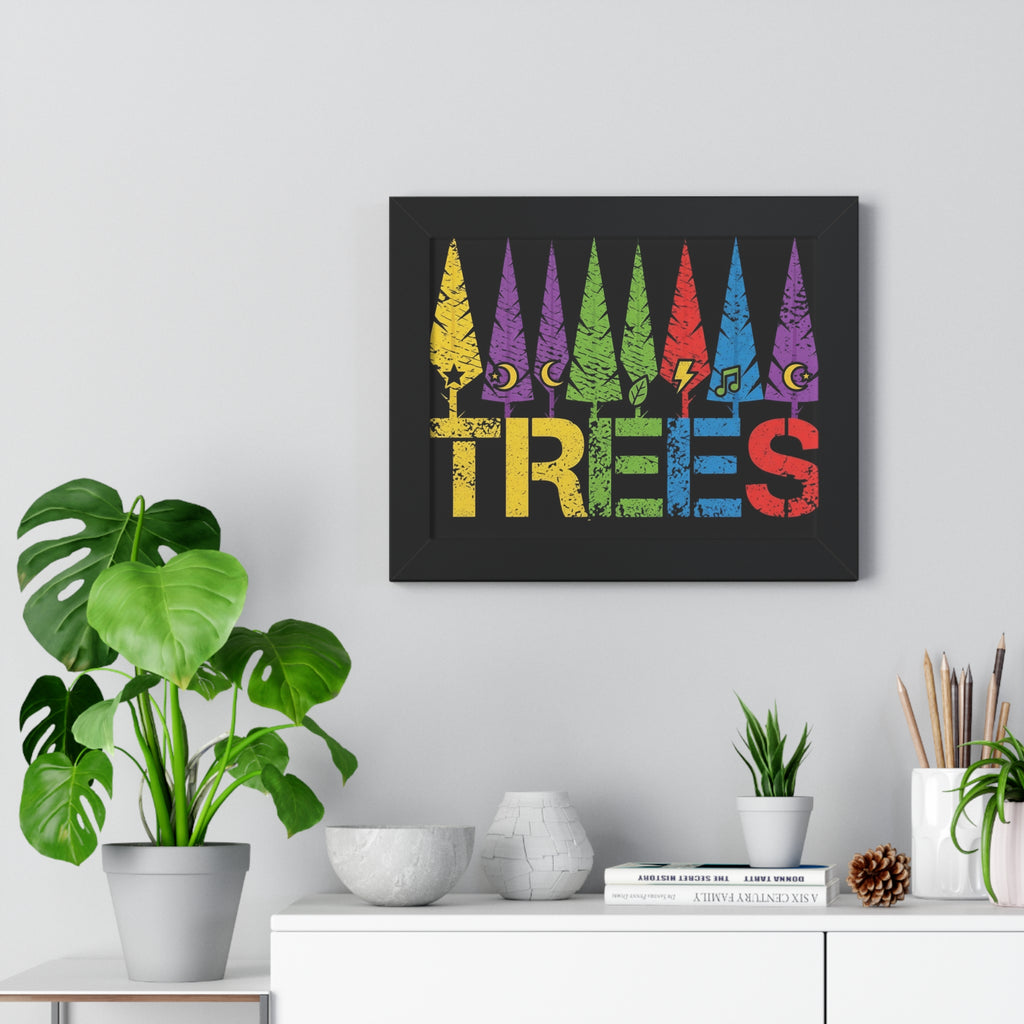 Framed Poster - Colorful 'TREES' Graphic Art Print (Rainbow Forest, Retro Distressed)
