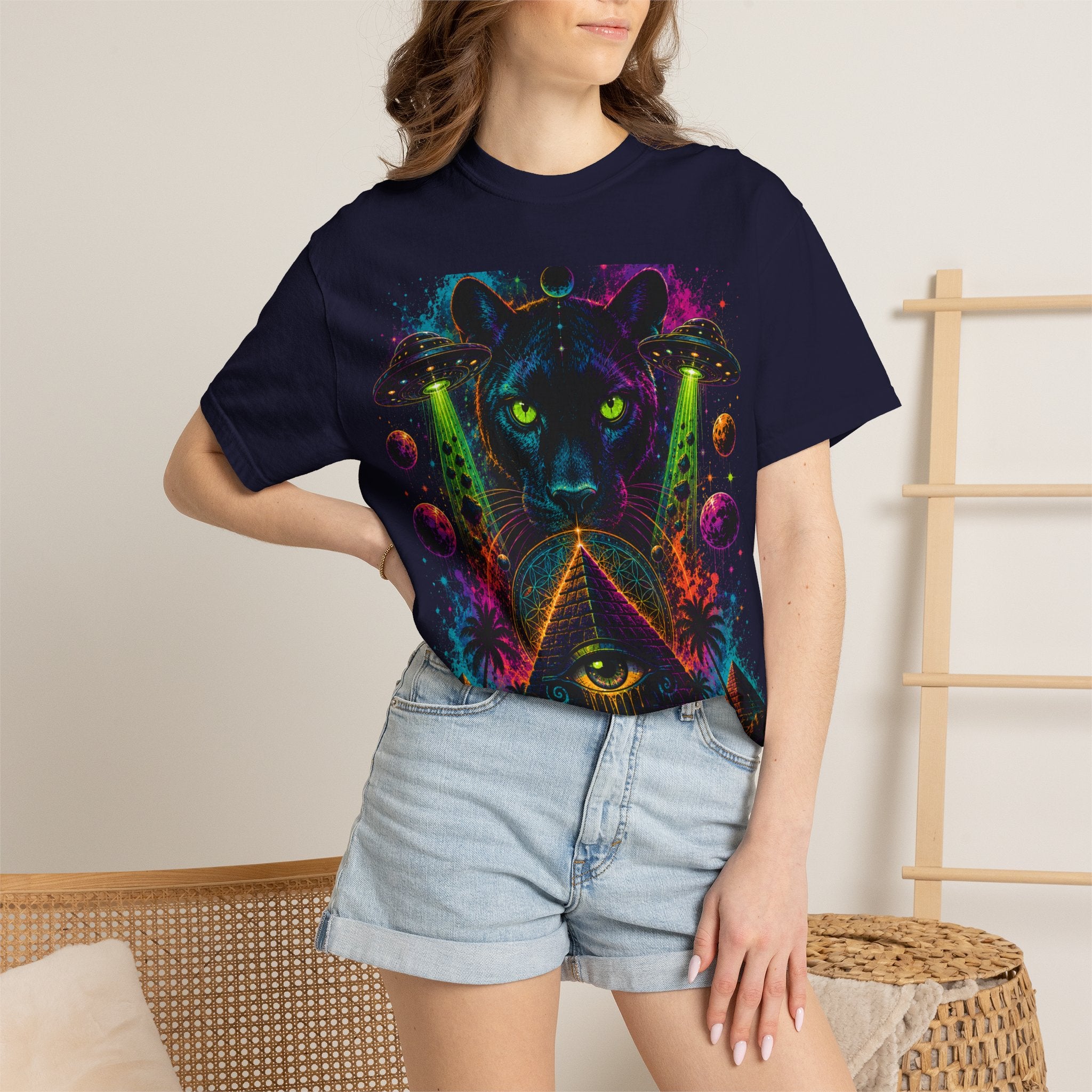 Mystic Panther Pyramid T-Shirt — Neon Psychedelic Cat Eye Graphic Tee