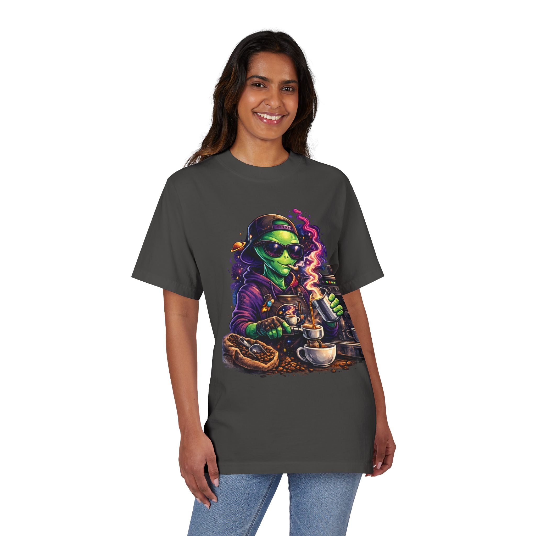 Alien Barista T-Shirt — Cosmic Coffee Lover Tee Printify