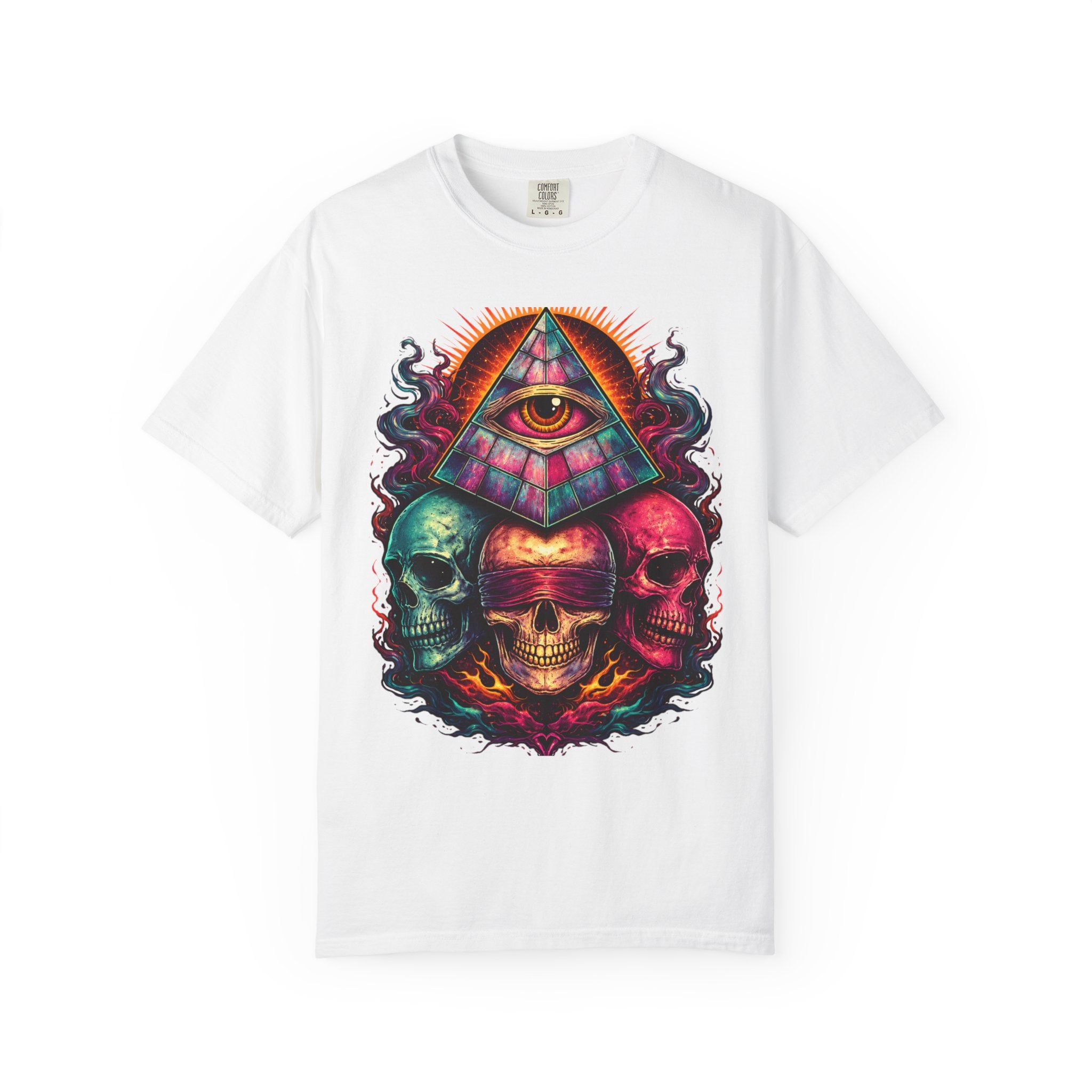 T-Shirt — Psychedelic All-Seeing Eye & Triple Skulls Graphic.       💀 i got make tags for for this Printify