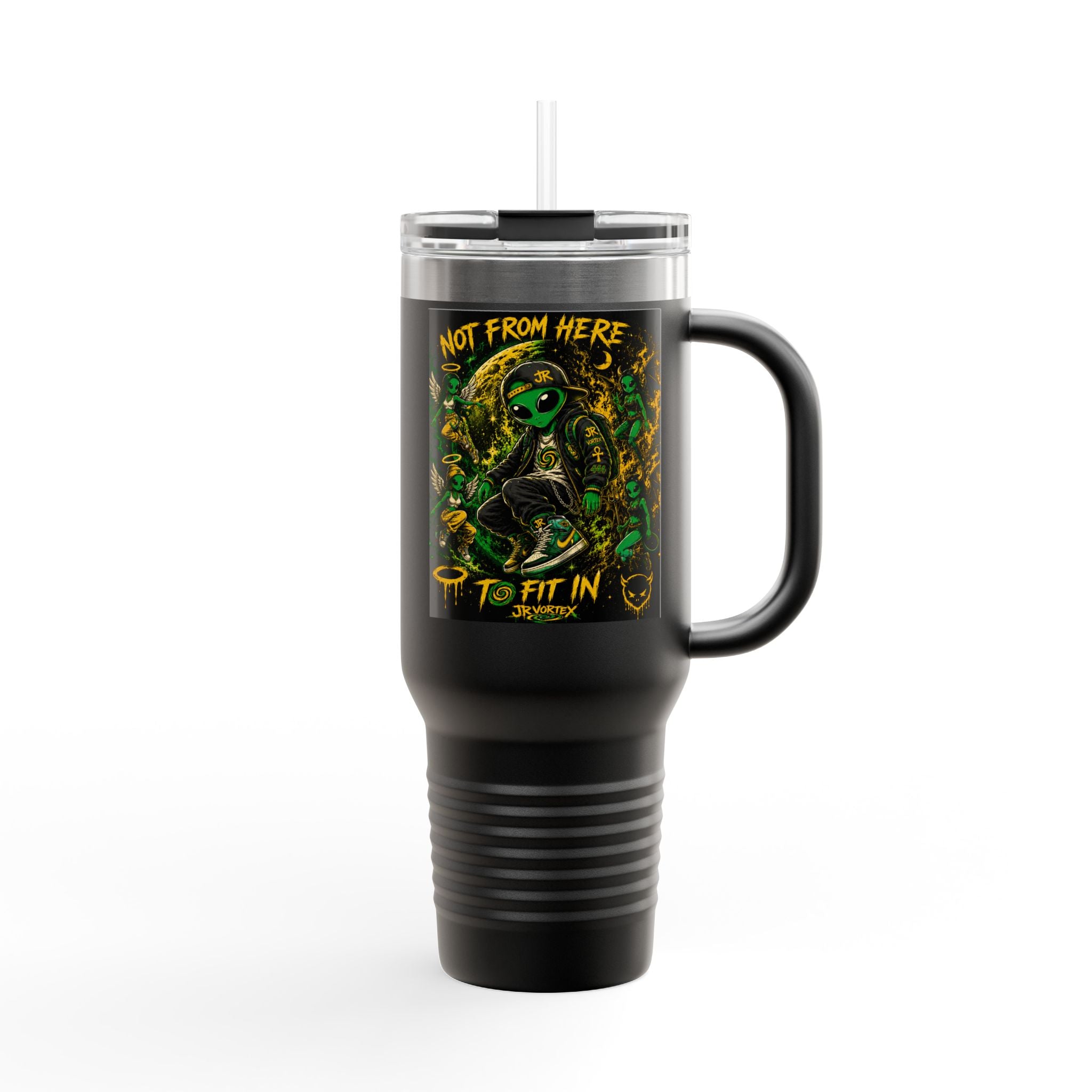40oz Insulated Travel Mug — "Not From Here to Fit In" Alien Graphic