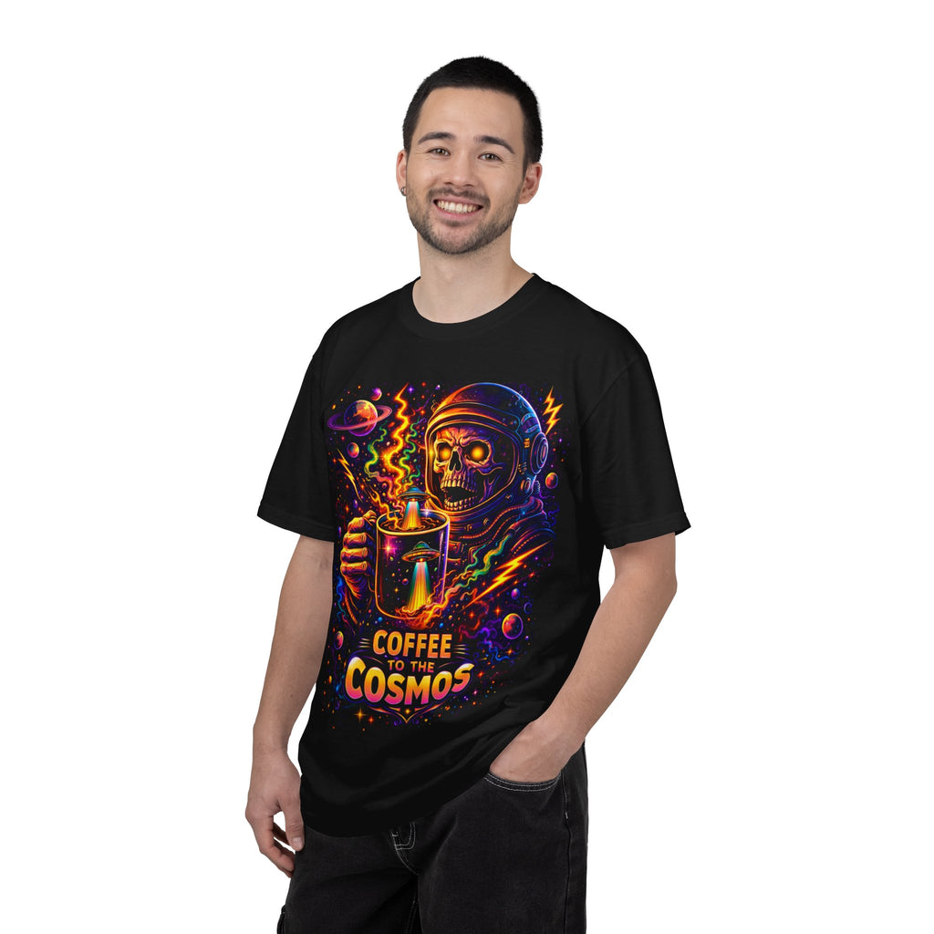 Coffee of the Cosmos T-Shirt — Neon Astronaut Skull Coffee Tee Printify