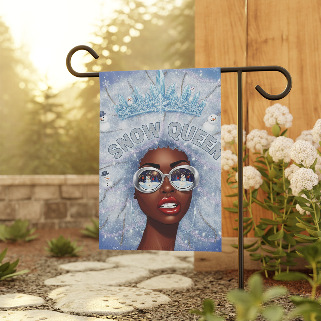 Snow Queen Garden Flag — Winter Decor Banner with Reflective Sunglasses Design