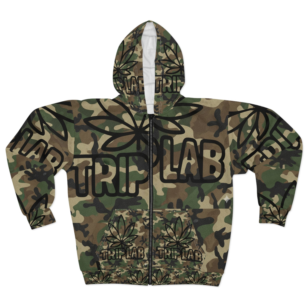 Camo 'TRIP LAB' Zip Hoodie with Leaf Graphic