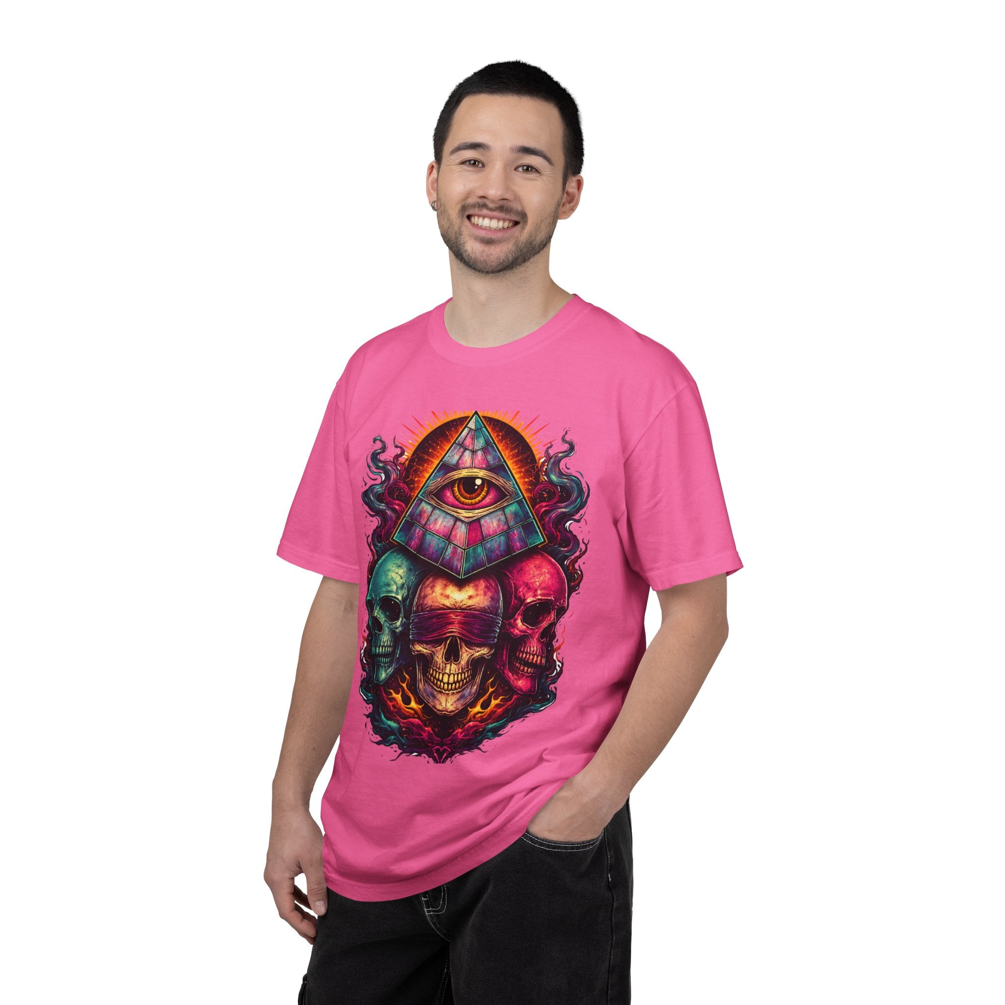 T-Shirt — Psychedelic All-Seeing Eye & Triple Skulls Graphic.       💀 i got make tags for for this Printify