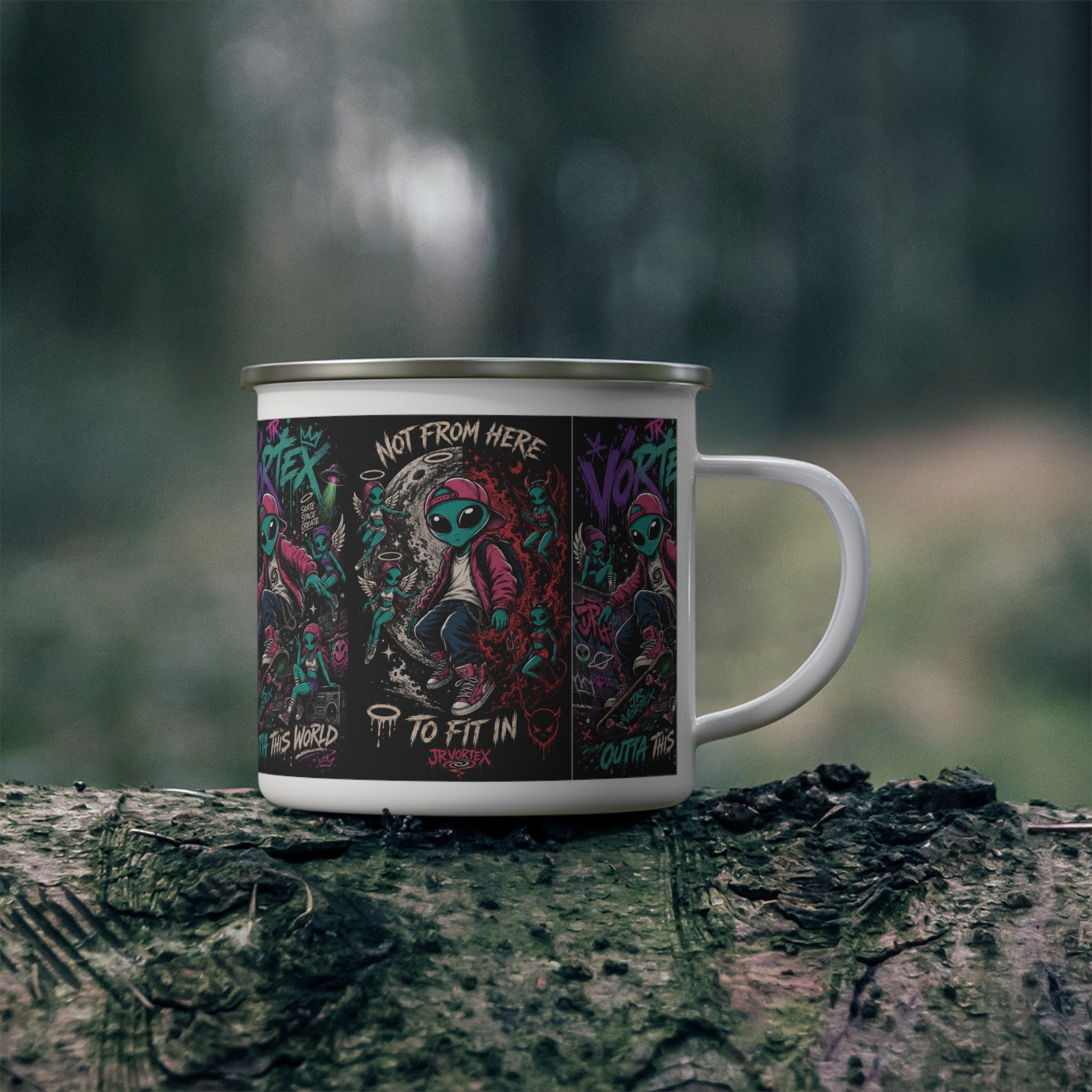 Enamel Mug — 'Not From Here' Skateboarding Alien Graphic Camper Cup