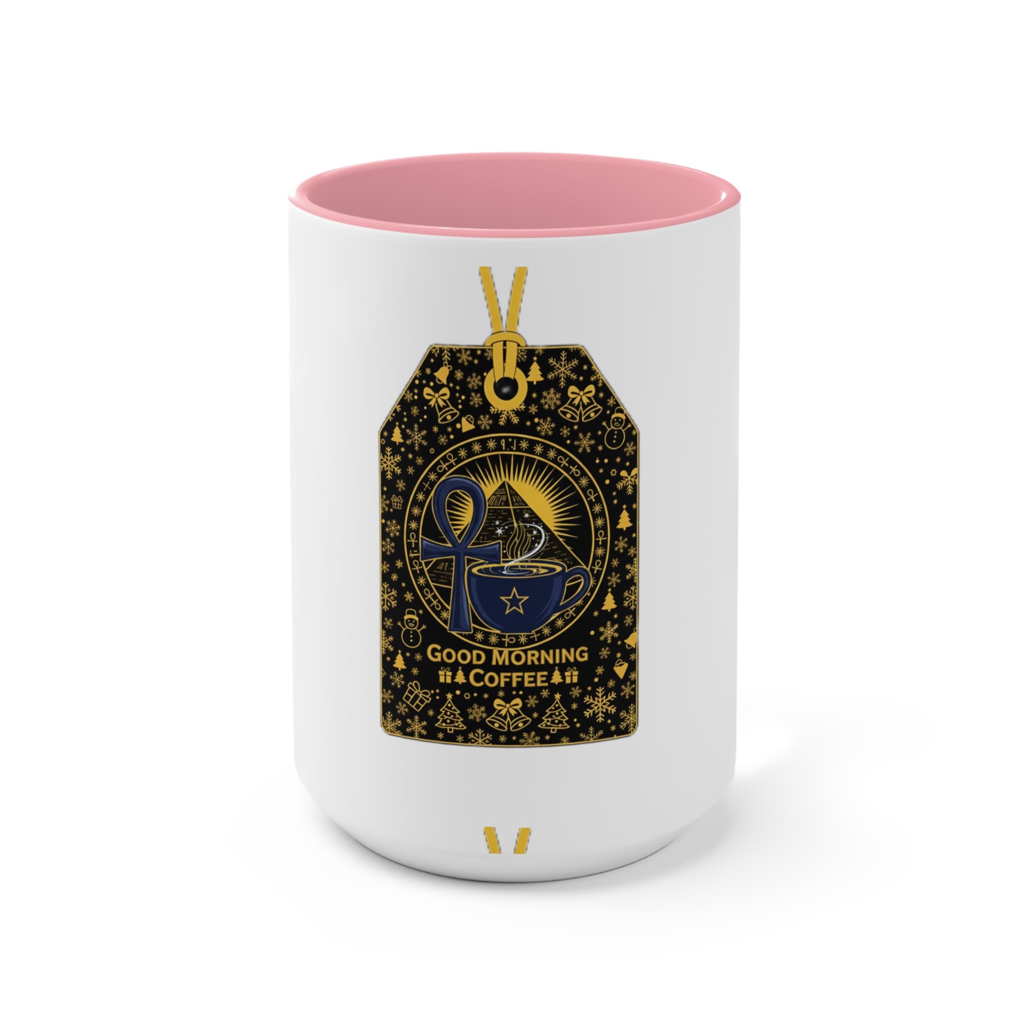 Good Morning Coffee Accent Mug — Pink Interior Ceramic Coffee Mug with Gold Tarot Tag Design