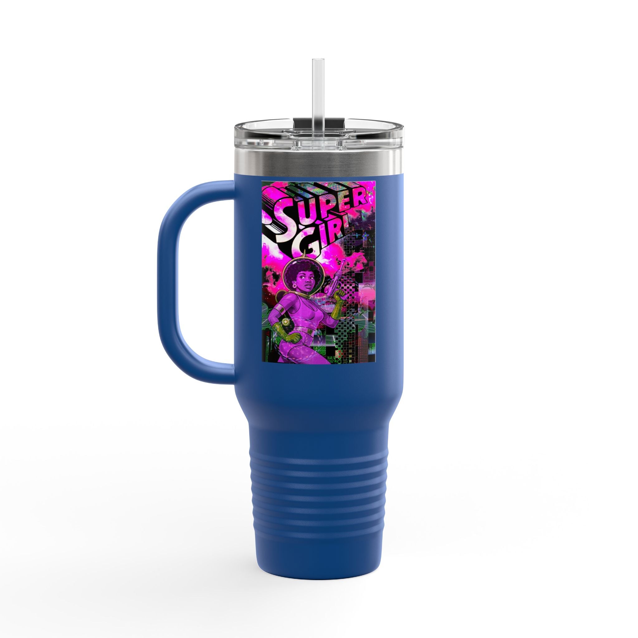 40oz Travel Mug — Neon 'Super Girl' Retro Comic Design
