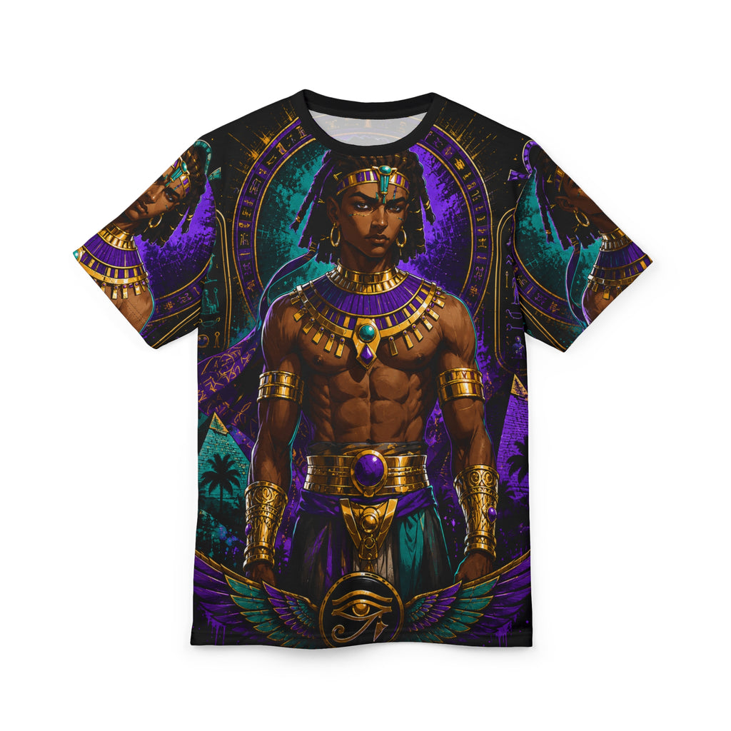 Egyptian Pharaoh Graphic Tee fabric texture and stitching detail, 100% polyester all-over print