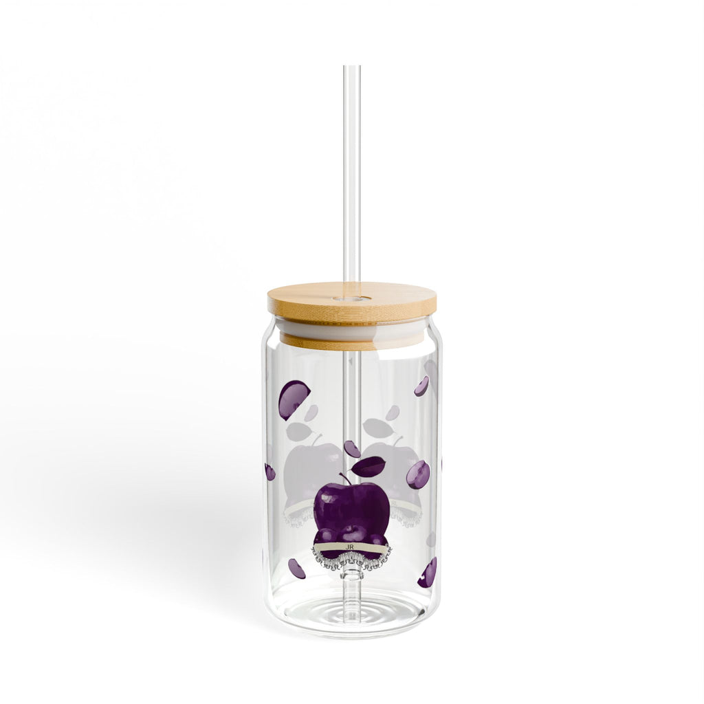 16oz Glass Sipper Cup with Purple Apple & Petals | Aesthetic Glass Tumbler with Bamboo Lid & Straw | Cute Reusable Iced Coffee Cup Printify