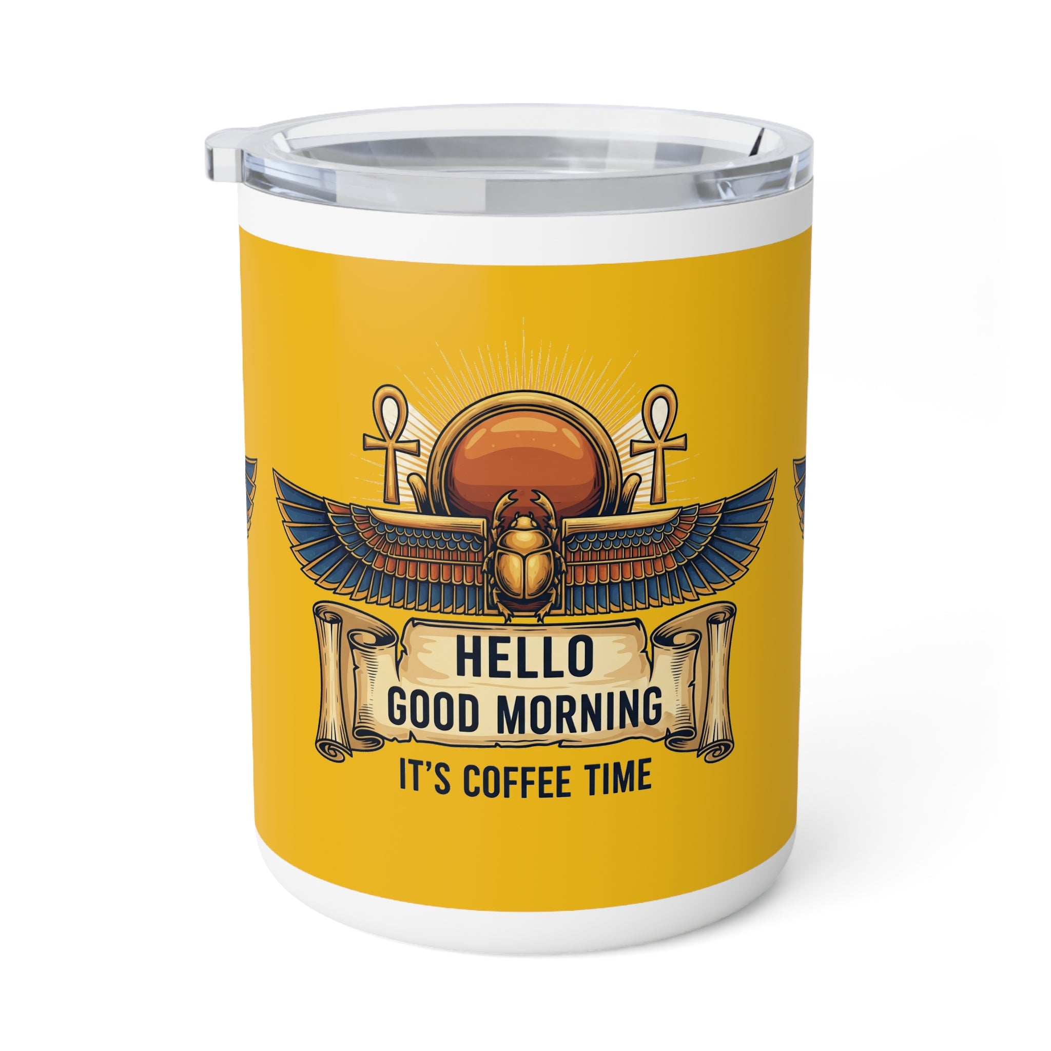 Egyptian Scarab 10oz Insulated Coffee Mug — “Hello Good Morning, It’s Coffee Time”