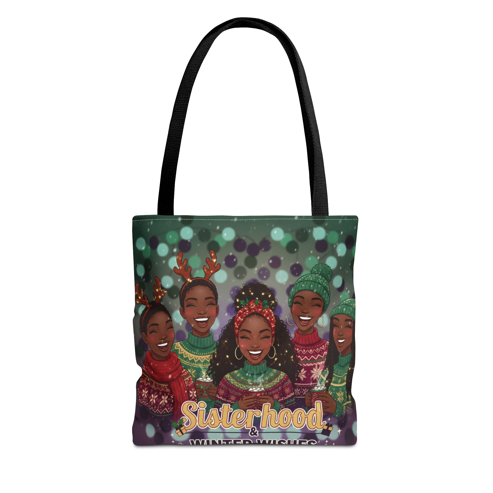 Sisterhood Winter Wishes Holiday Tote Bag — Festive Afrocentric Christmas Market Bag🎄
