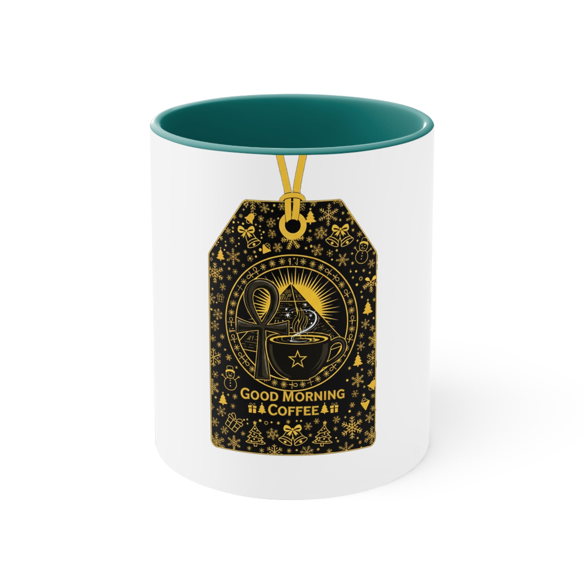 Good Morning Coffee Tag Accent Mug — Vintage Gold Tea-Tag Design 11oz