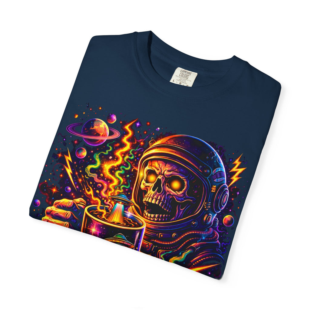 Coffee of the Cosmos T-Shirt — Neon Astronaut Skull Coffee Tee Printify