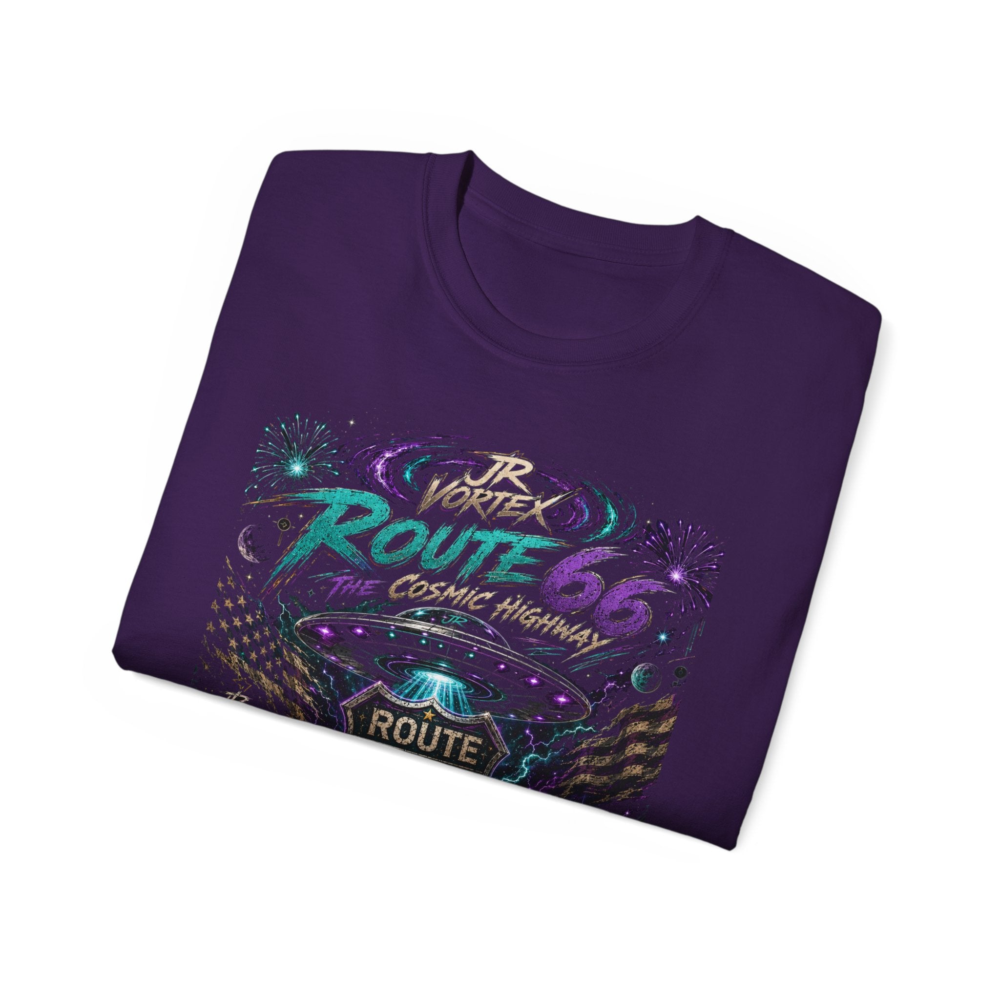 Route 66 Cosmic Highway Tee – JR Vortex UFO Neon Graphic T-Shirt