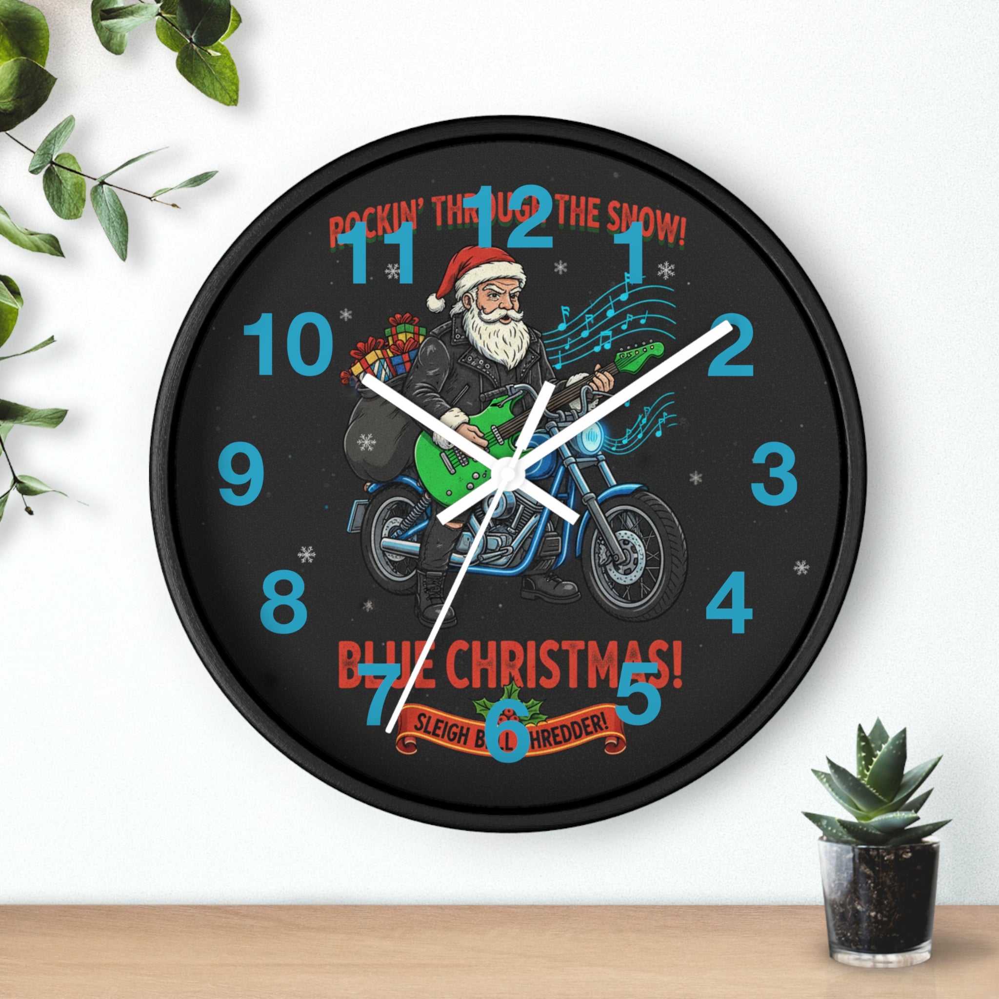 Blue Christmas Motorcycle Santa Wall Clock — 'Rockin' Through The Snow' Holiday Decor