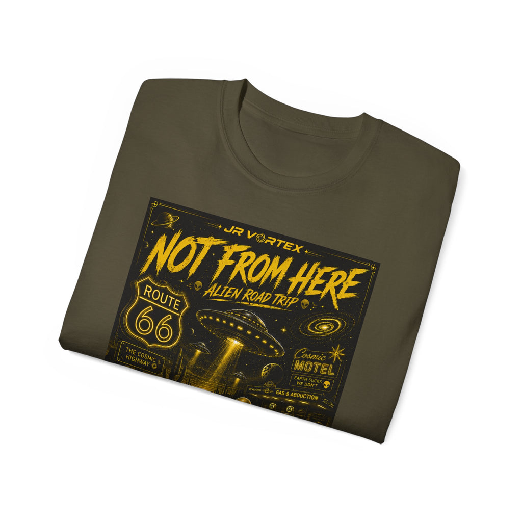 Not From Here T‑Shirt — Retro Route 66 Alien Road Trip Graphic Tee