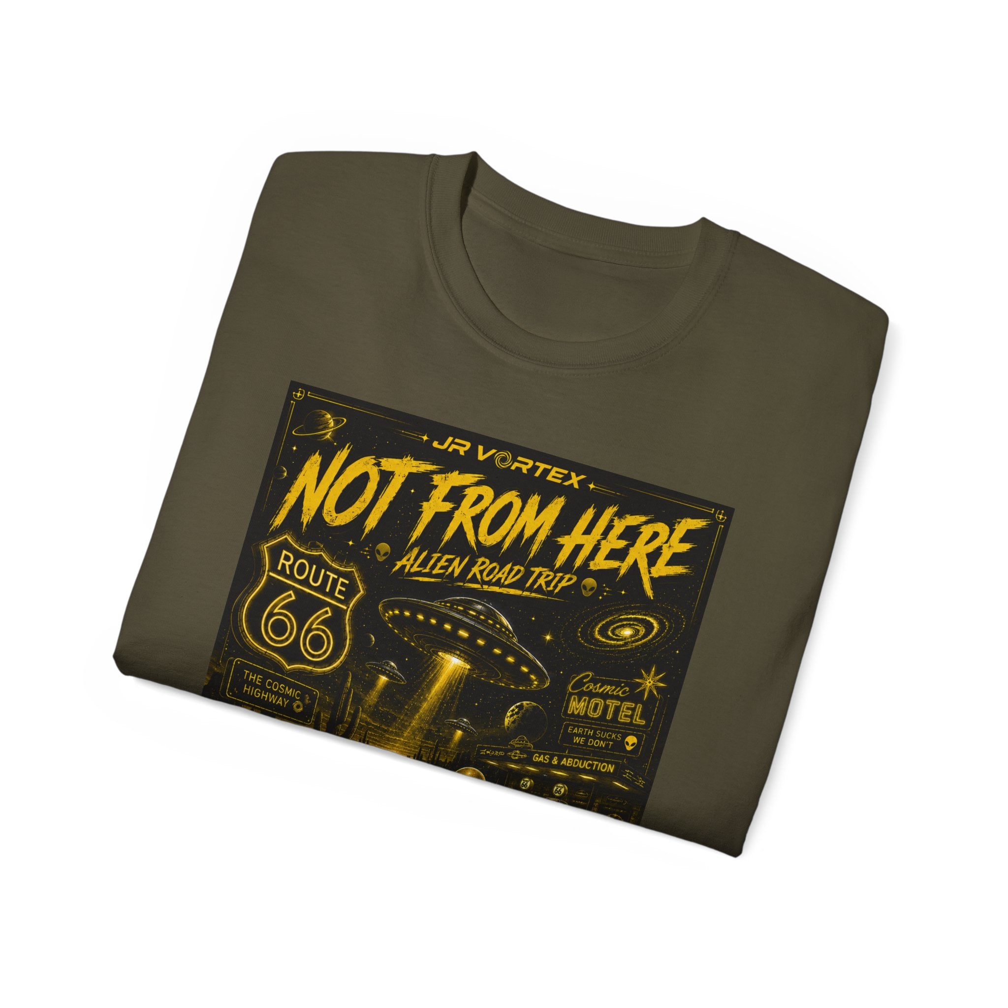 Not From Here T‑Shirt — Retro Route 66 Alien Road Trip Graphic Tee