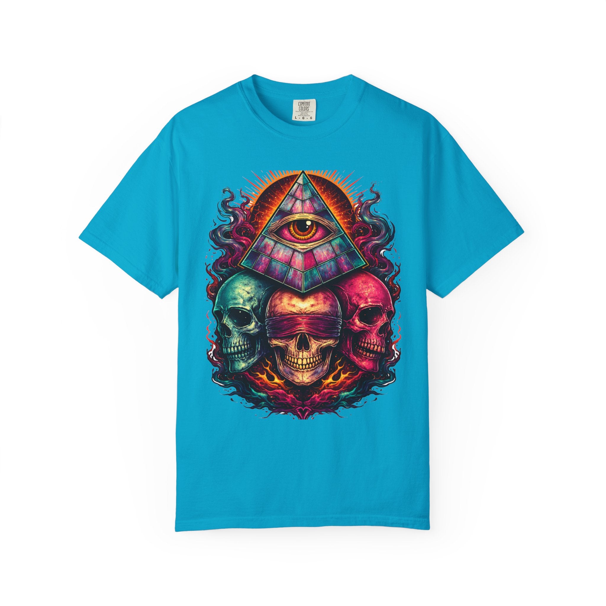 T-Shirt — Psychedelic All-Seeing Eye & Triple Skulls Graphic.       💀 i got make tags for for this Printify