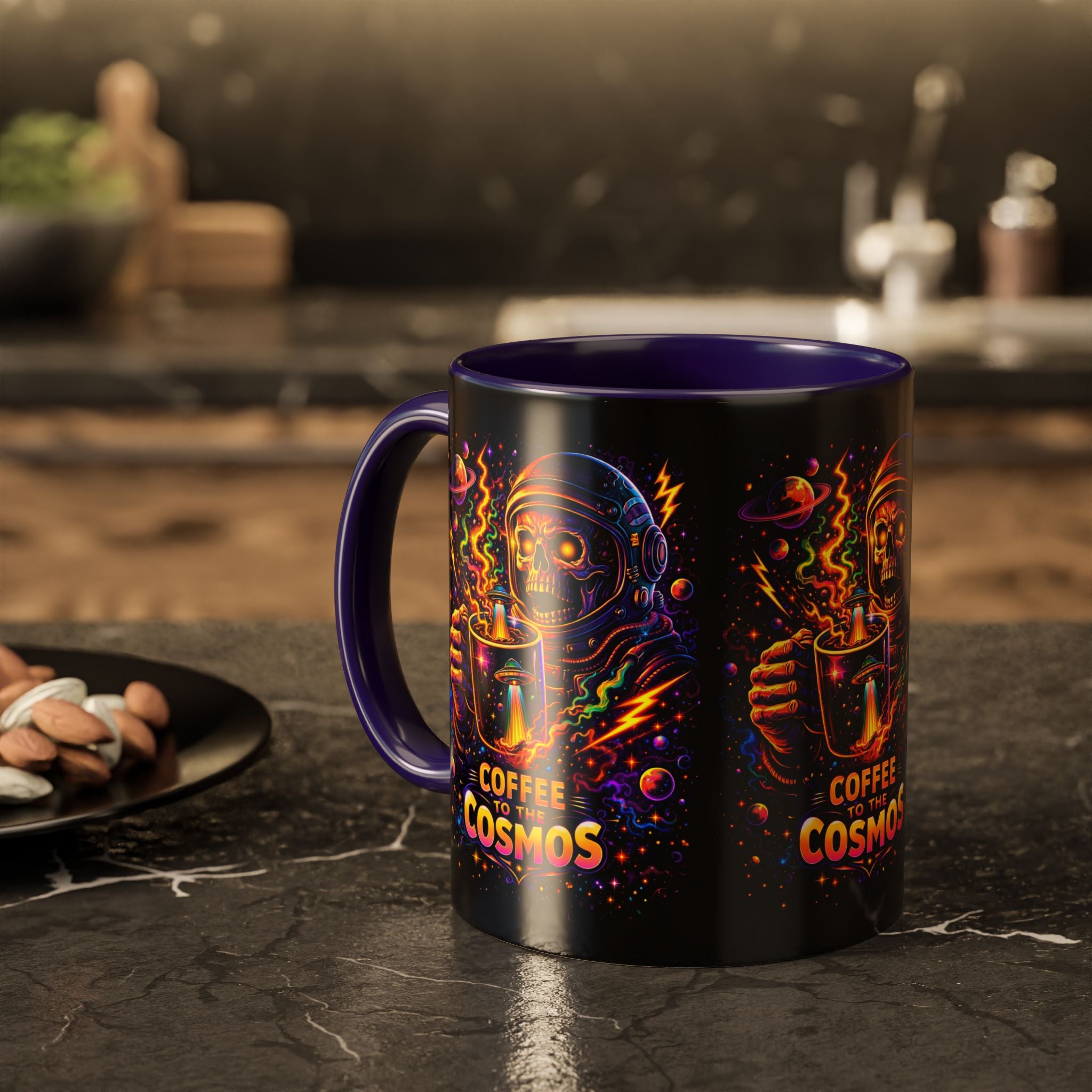 Coffee to the Cosmos Mug — Neon Space Skull Coffee Mug (11oz/15oz) Printify
