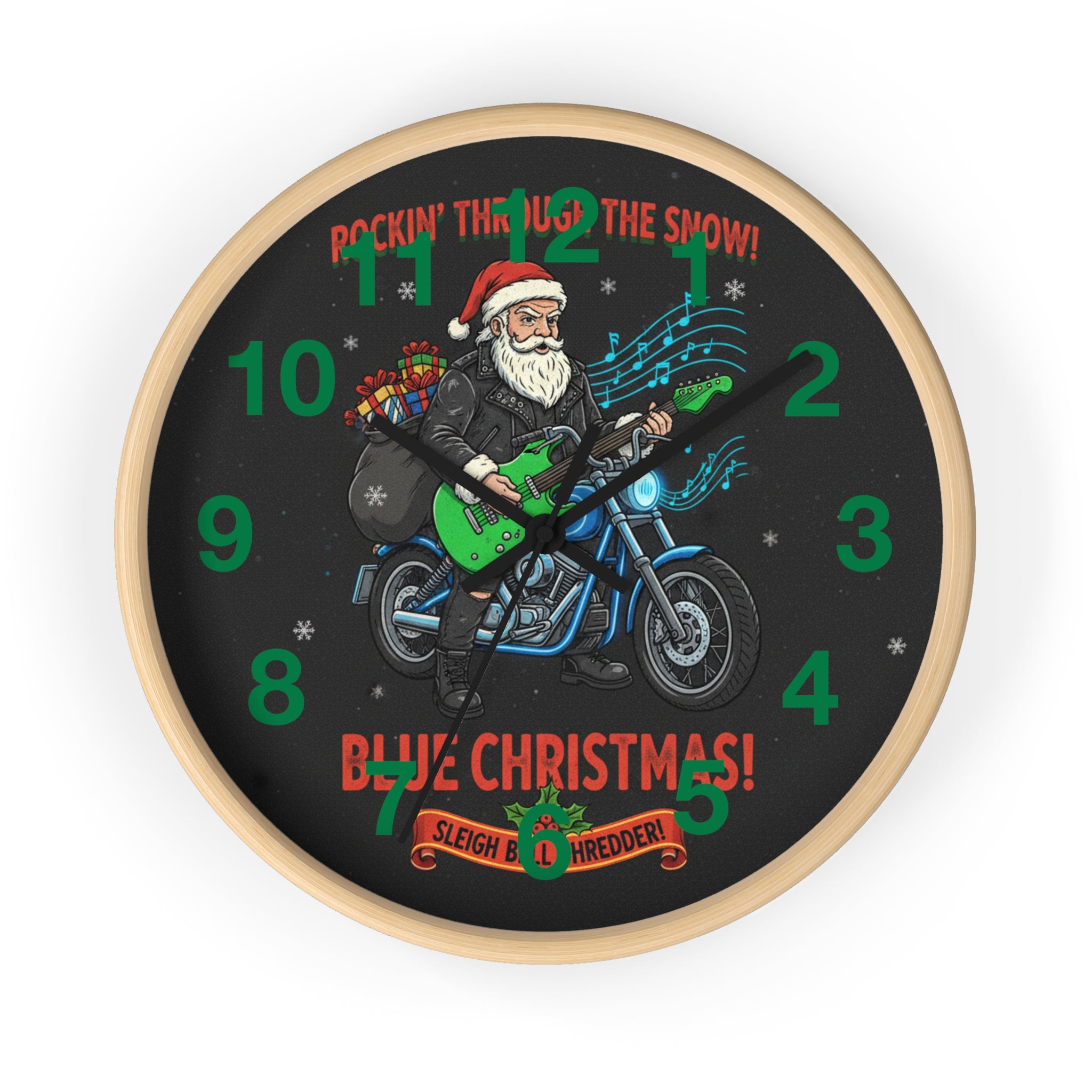 Blue Christmas Motorcycle Santa Wall Clock — Rockin' Through the Snow Holiday Decor