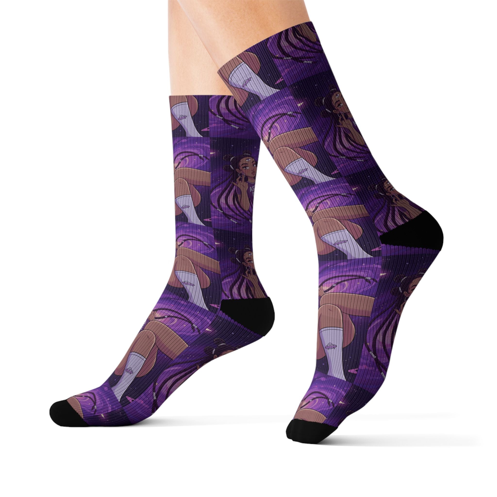 Astrology Babe Purple Sublimation Socks — Celestial Graphic Crew Socks