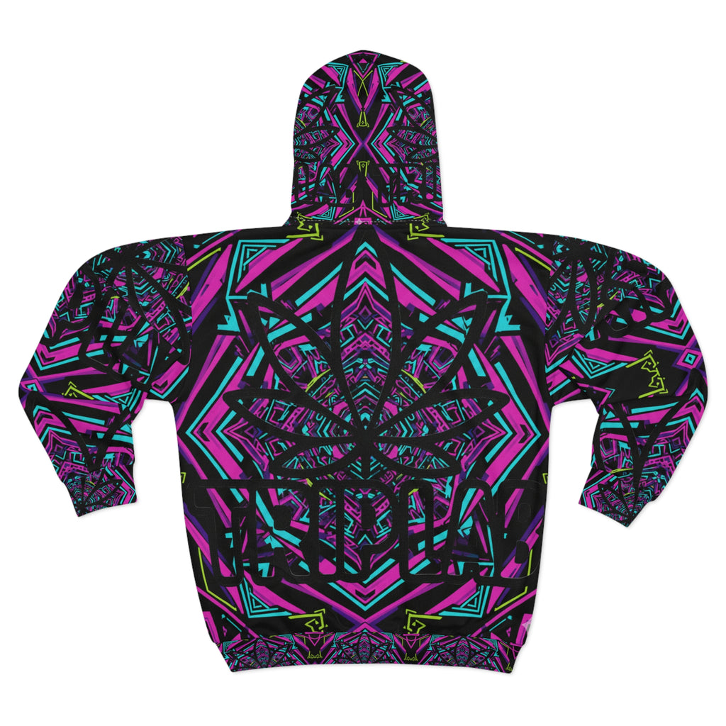 Kaleidoscope Neon Zip Hoodie — Psychedelic Geometric All-Over Print