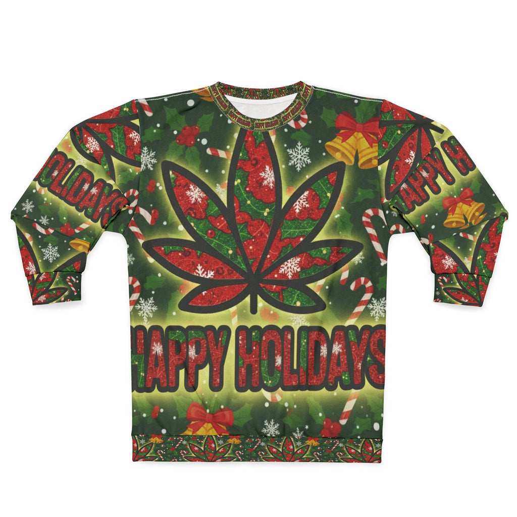 Holiday Cannabis Leaf Sweatshirt – "Happy Holidays" All-Over Print