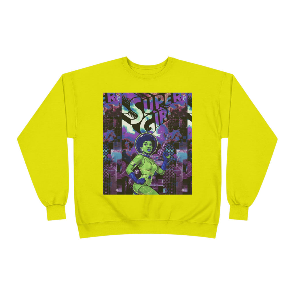 Retro Sci‑Fi 'Supergirl' Graphic Sweatshirt — Neon Space Comic Crewneck
