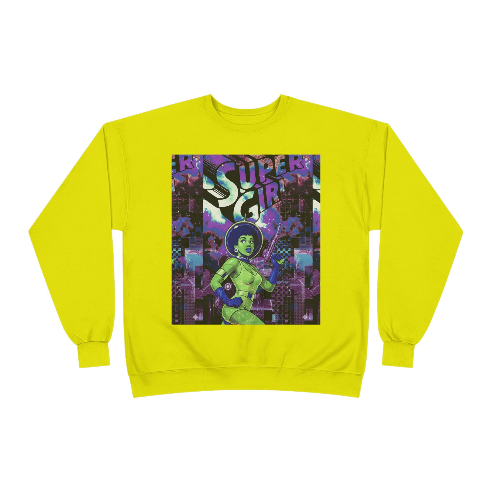 Retro Sci‑Fi 'Supergirl' Graphic Sweatshirt — Neon Space Comic Crewneck