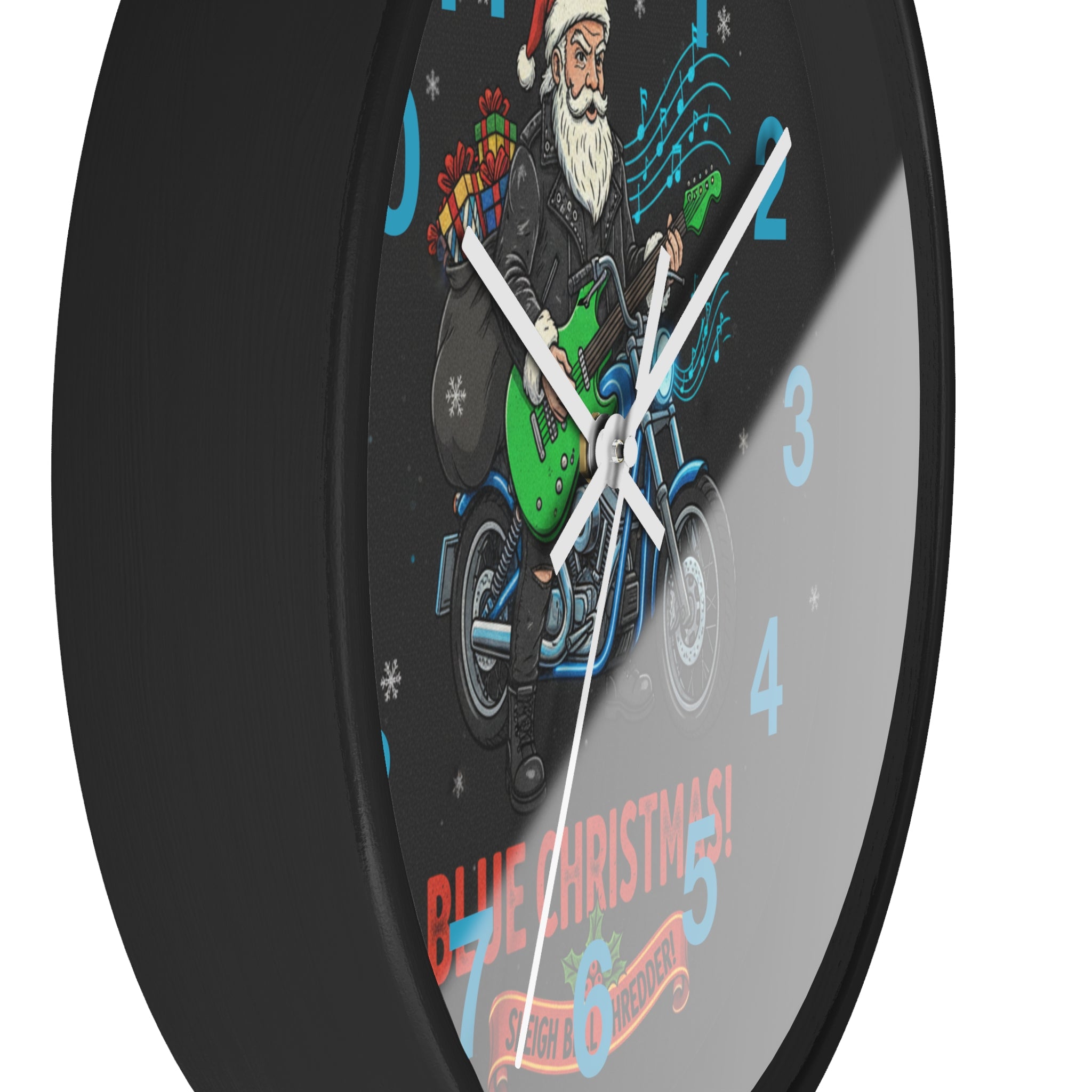 Blue Christmas Motorcycle Santa Wall Clock — 'Rockin' Through The Snow' Holiday Decor