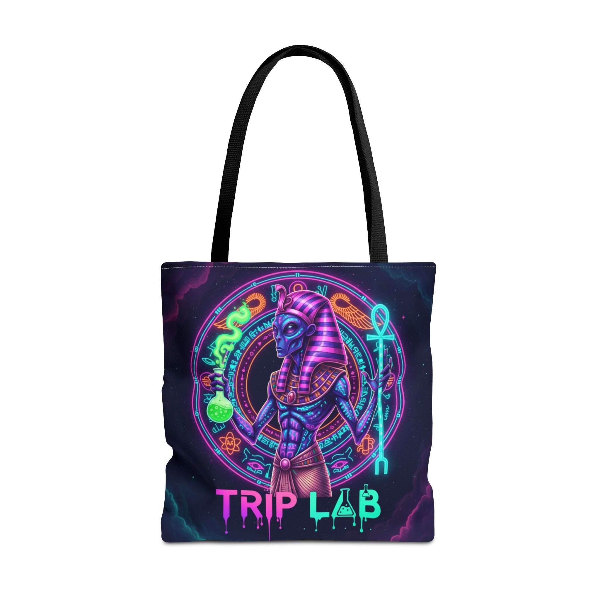 Psychedelic Trip Lab Tote Bag — Neon Ancient-Egypt Anubis All-Over Print