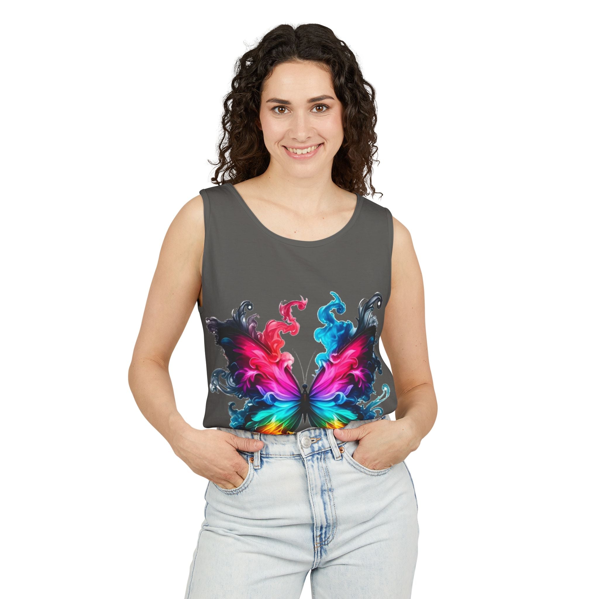 Vibrant Butterfly Design Unisex Tank Top | Colorful Summer Sleeveless Shirt, Gift for Nature Lovers, Festival Wear, Eco-Friendly Fashion Printify