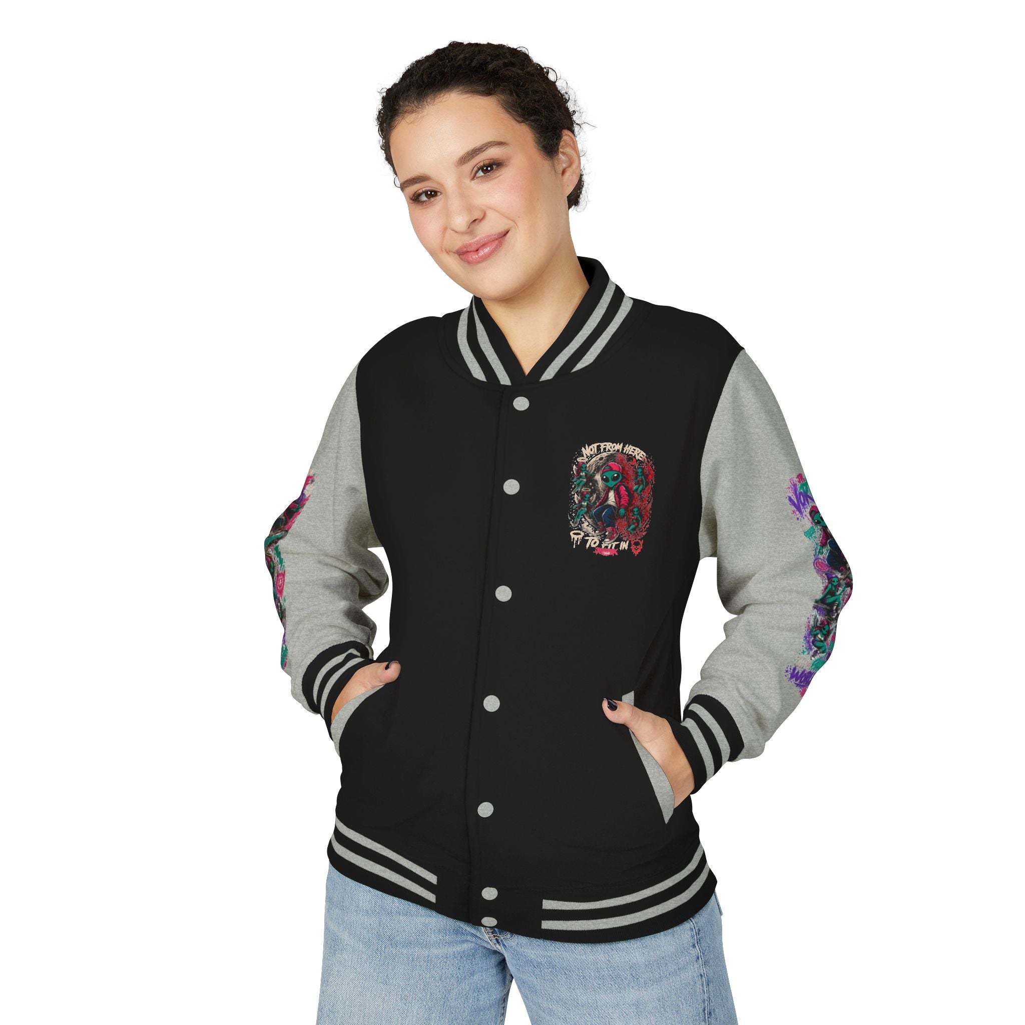 Letterman Jacket — Neon Alien Skull Graphic Varsity Jacket