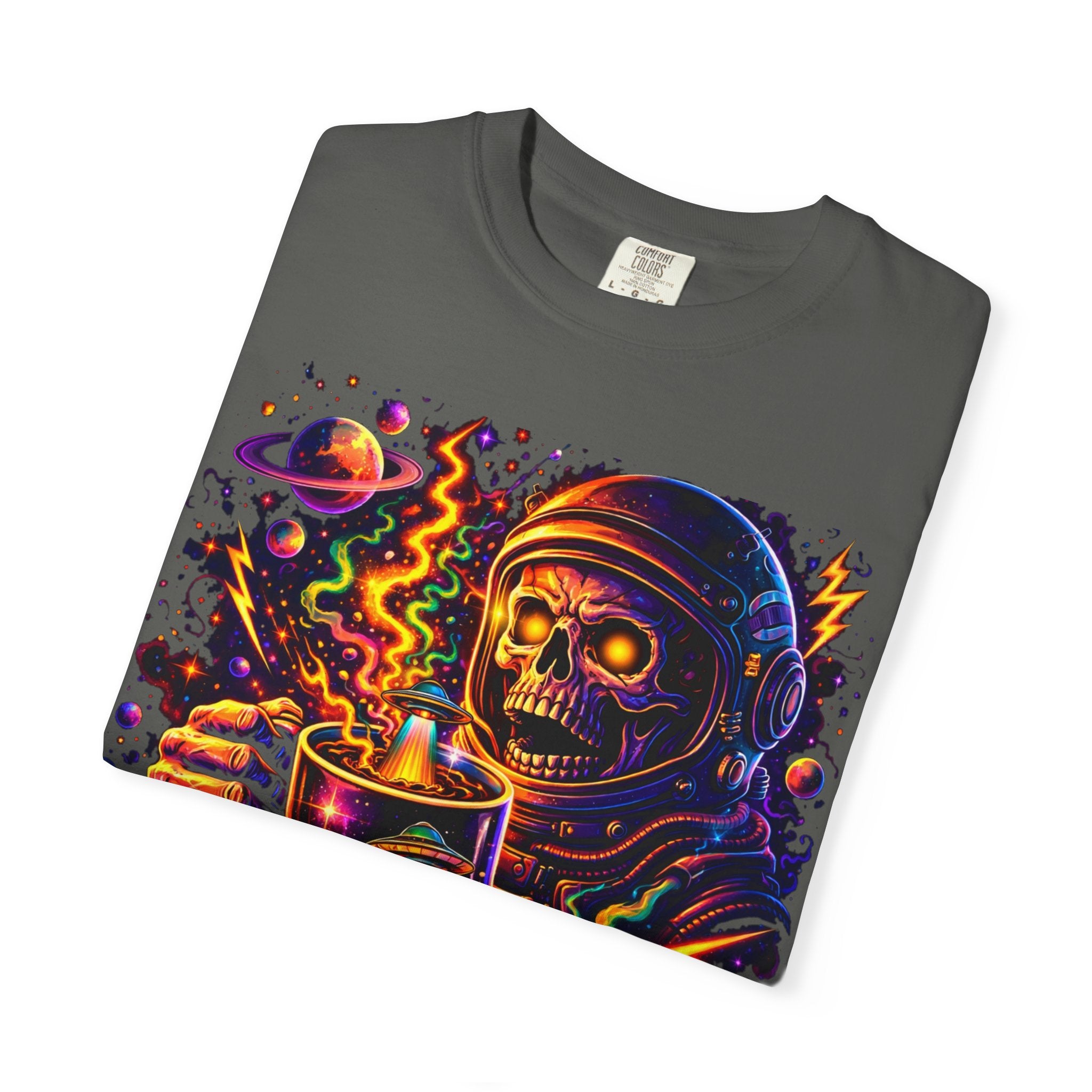 Coffee of the Cosmos T-Shirt — Neon Astronaut Skull Coffee Tee Printify