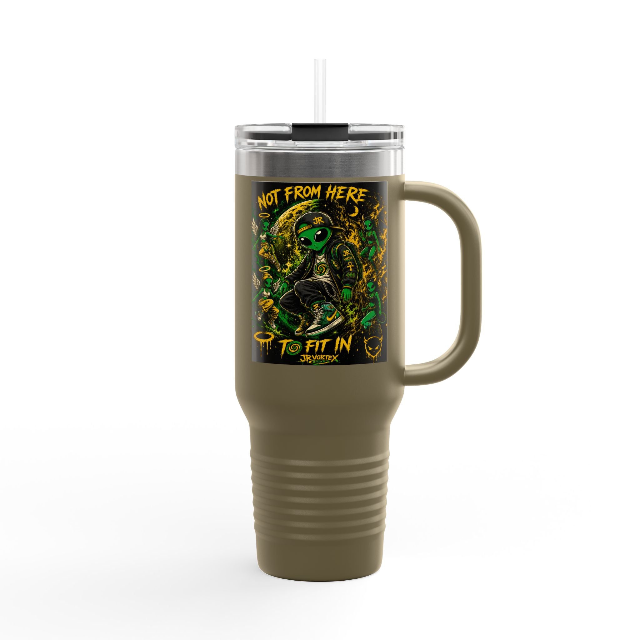 40oz Insulated Travel Mug — "Not From Here to Fit In" Alien Graphic