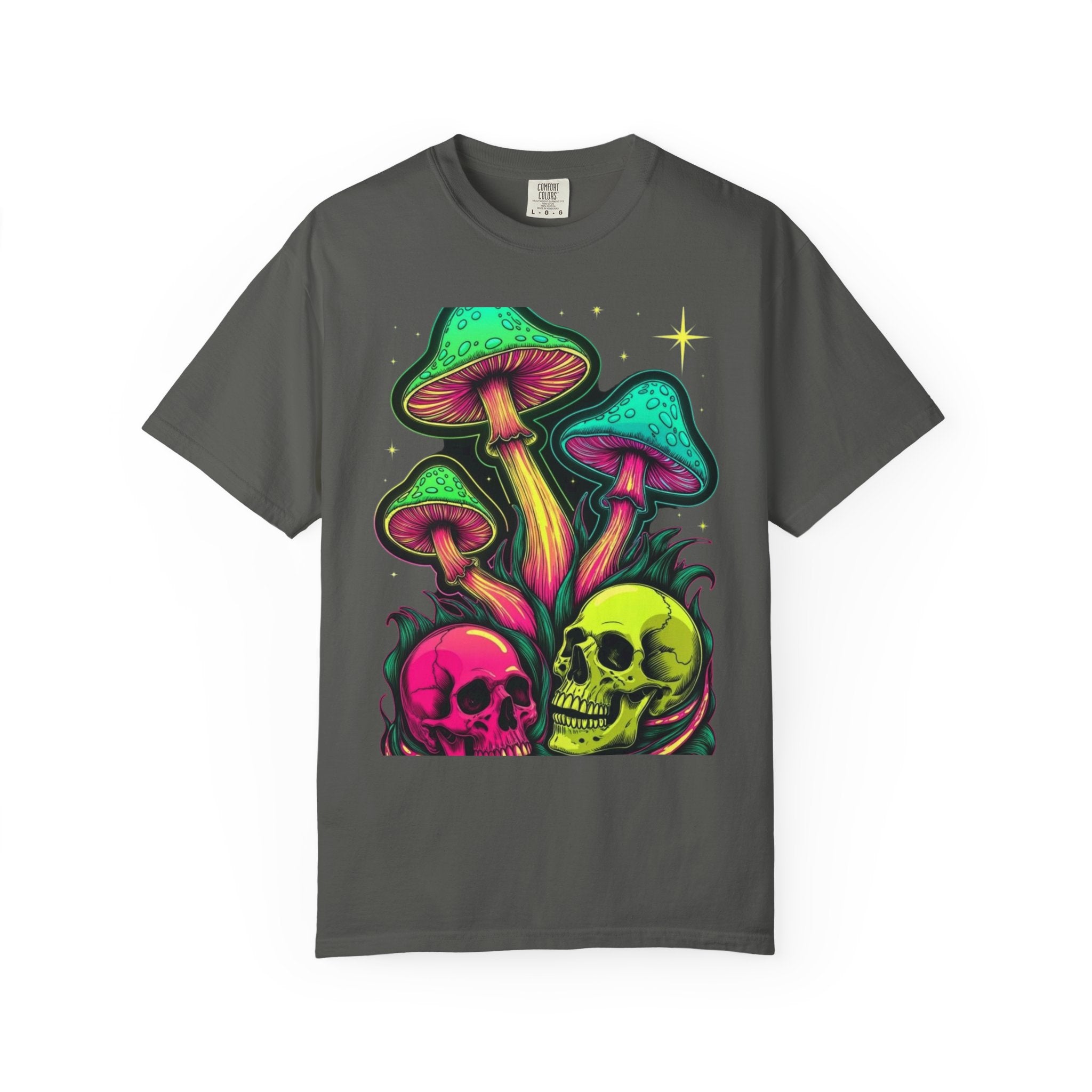 Psychedelic Mushroom & Skulls T-Shirt — Neon Trippy Graphic Tee