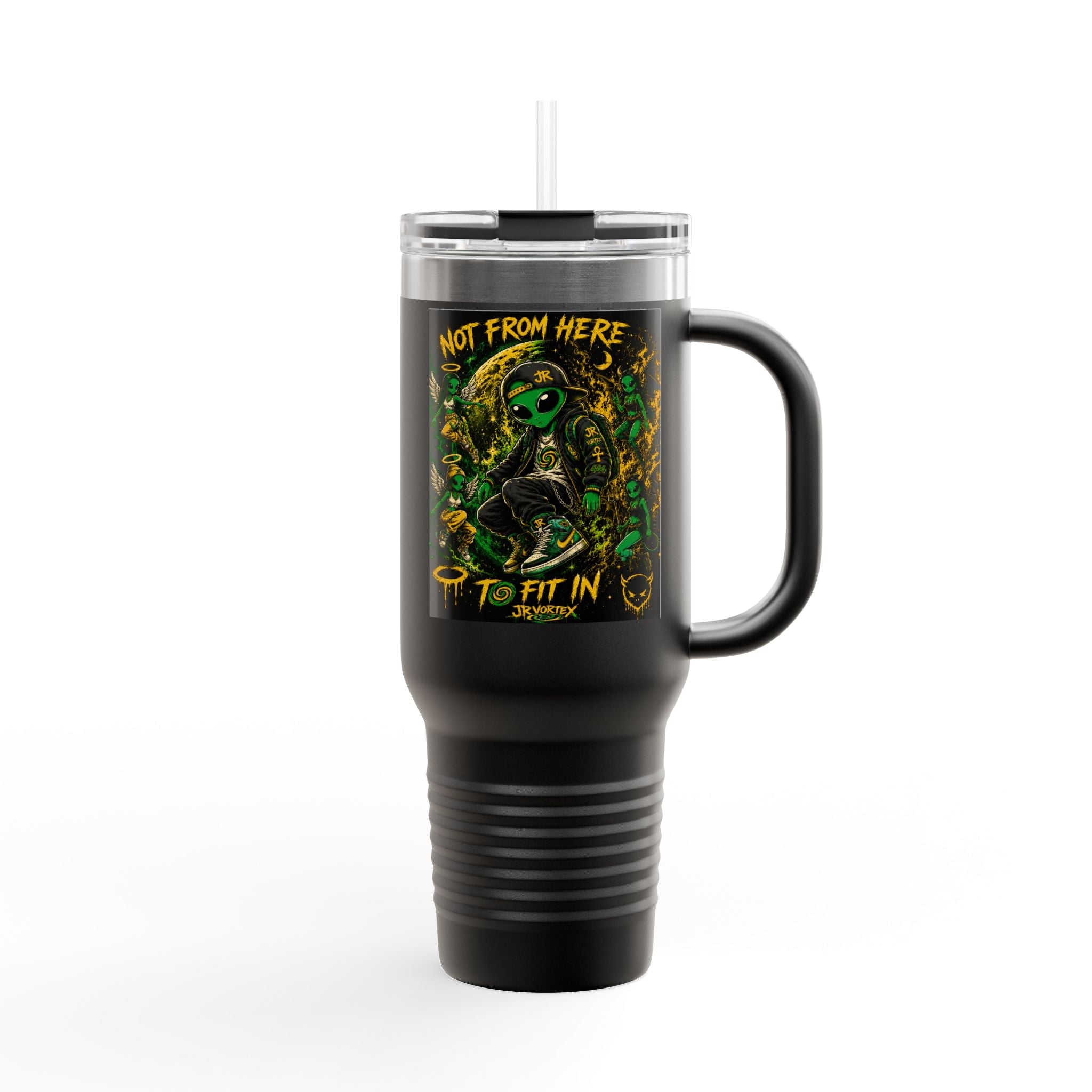 40oz Insulated Travel Mug — "Not From Here to Fit In" Alien Graphic