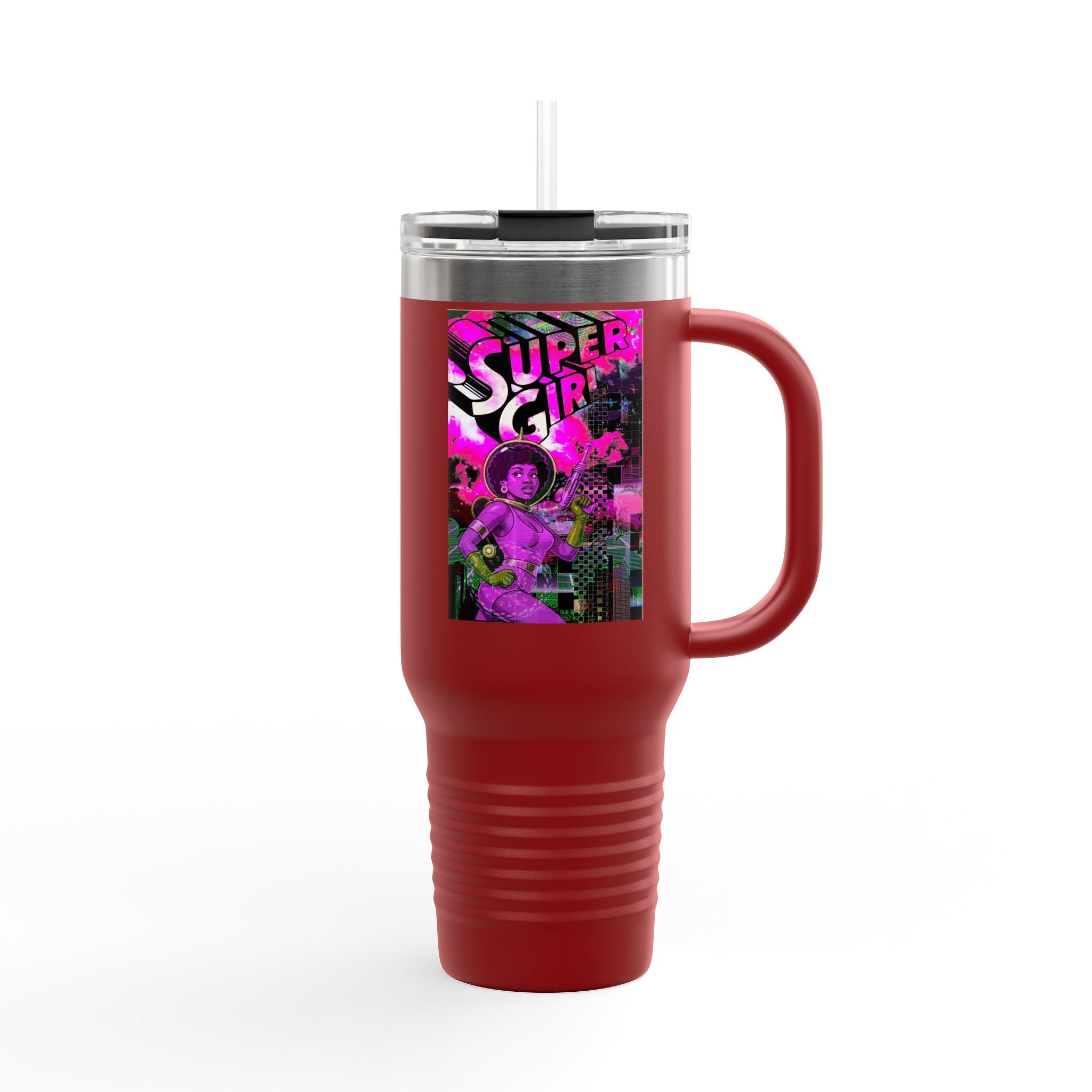 40oz Travel Mug — Neon 'Super Girl' Retro Comic Design