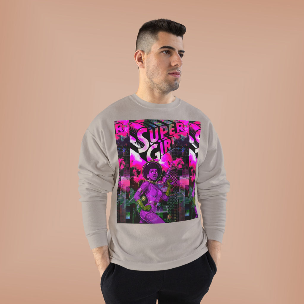 Super Girl Crewneck Sweatshirt — Retro Neon Comic Graphic