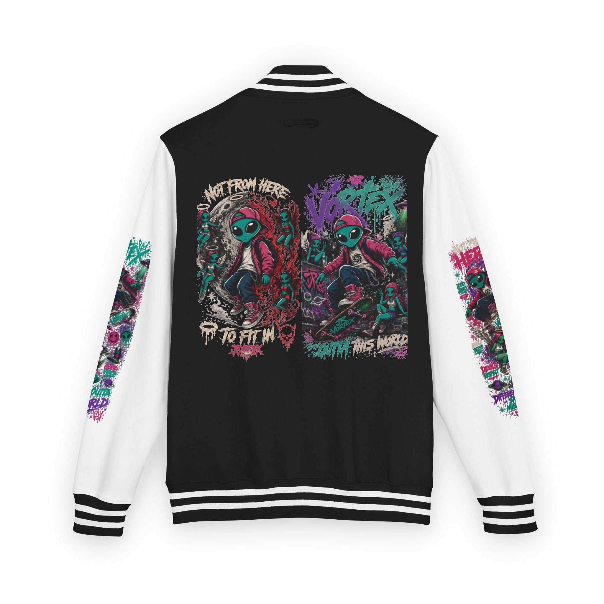 Letterman Jacket — Neon Alien Skull Graphic Varsity Jacket