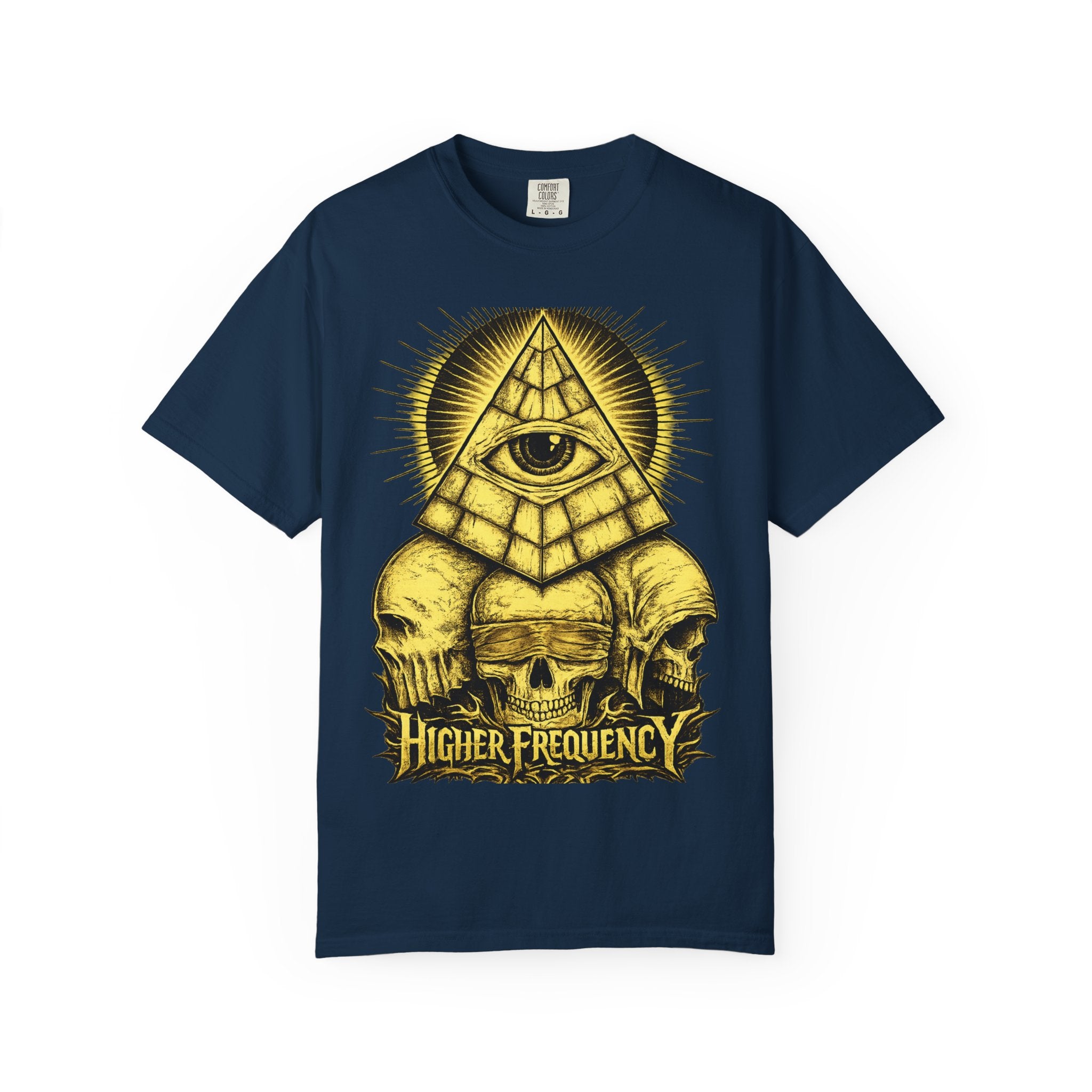 Higher Frequency Pyramid Eye T-Shirt — Occult Skull Graphic Tee Printify