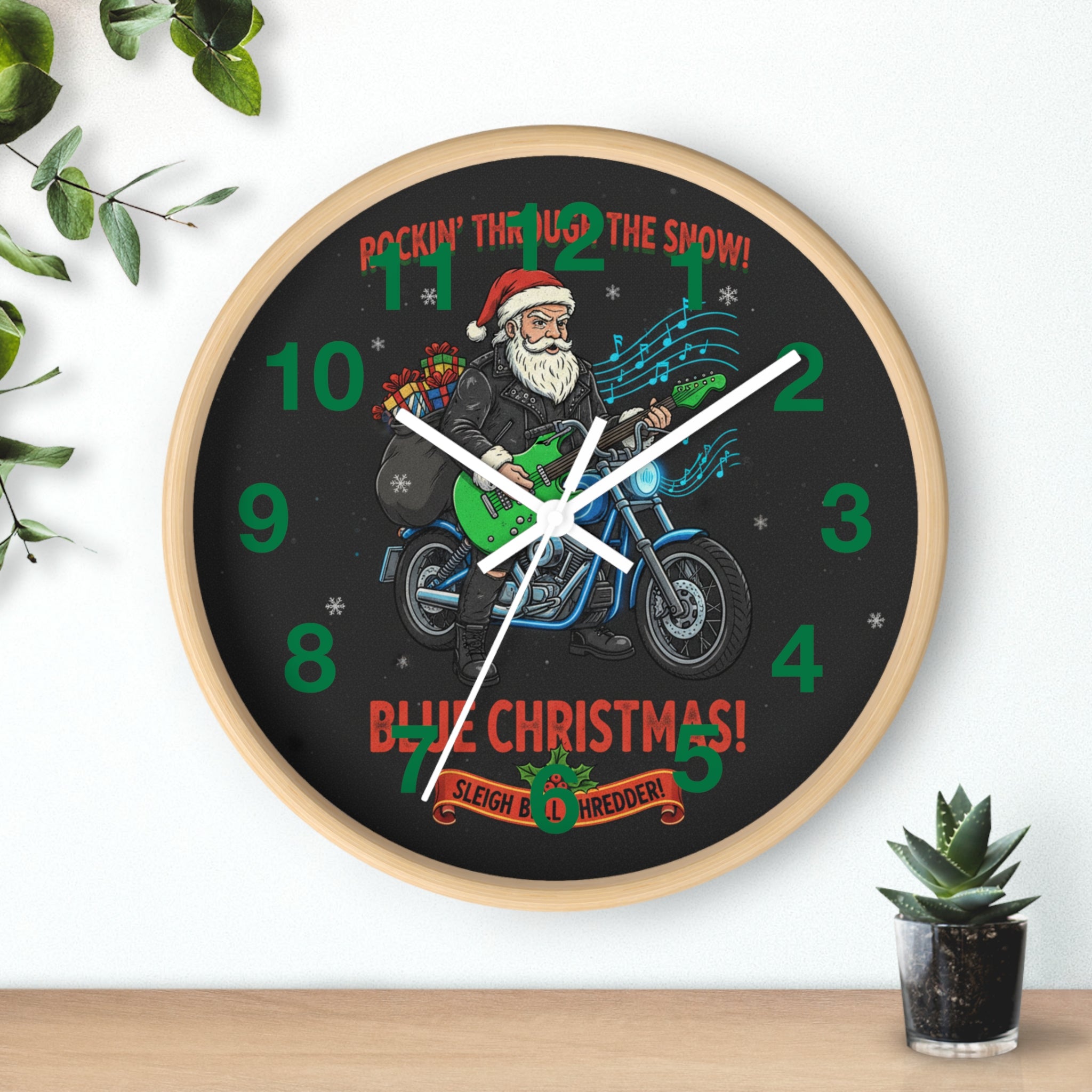 Blue Christmas Motorcycle Santa Wall Clock — Rockin' Through the Snow Holiday Decor