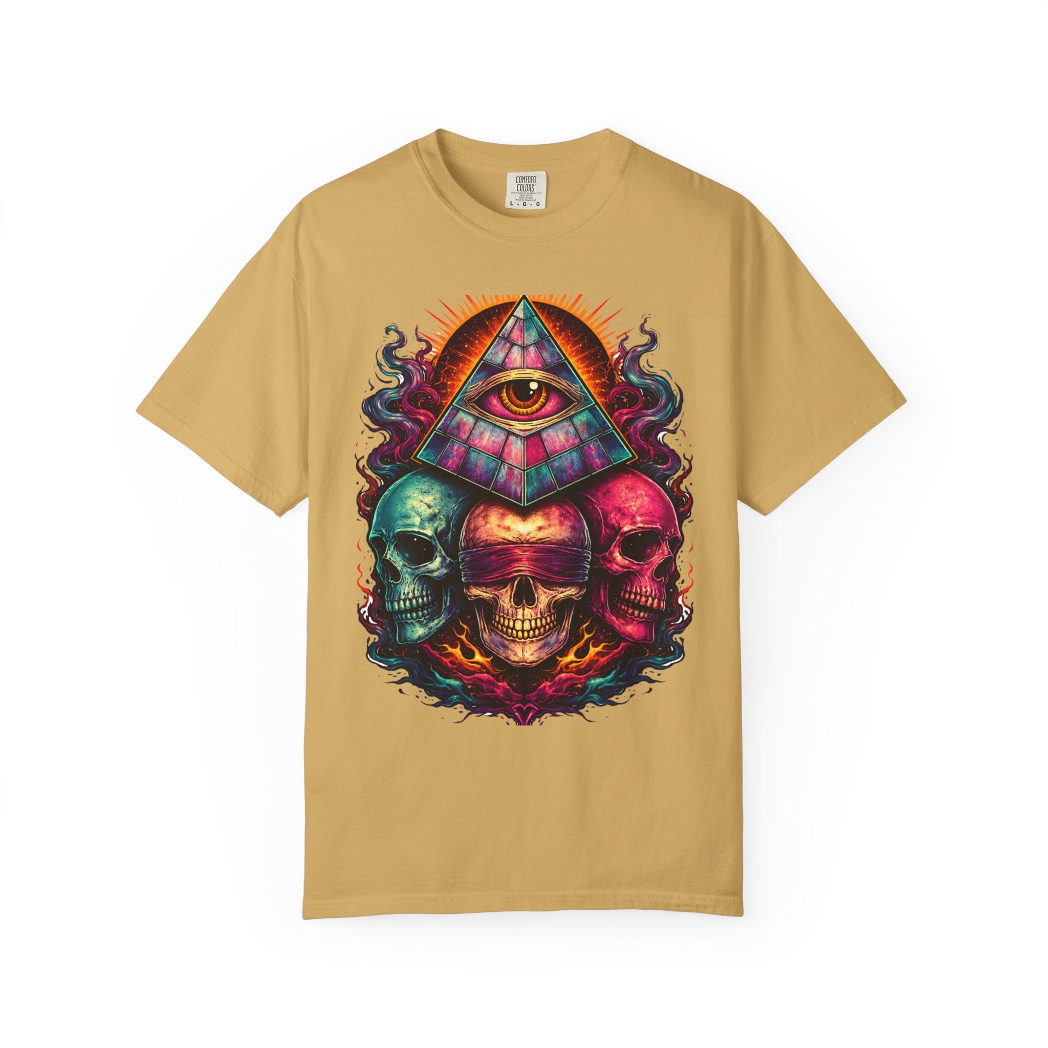 T-Shirt — Psychedelic All-Seeing Eye & Triple Skulls Graphic.       💀 i got make tags for for this Printify