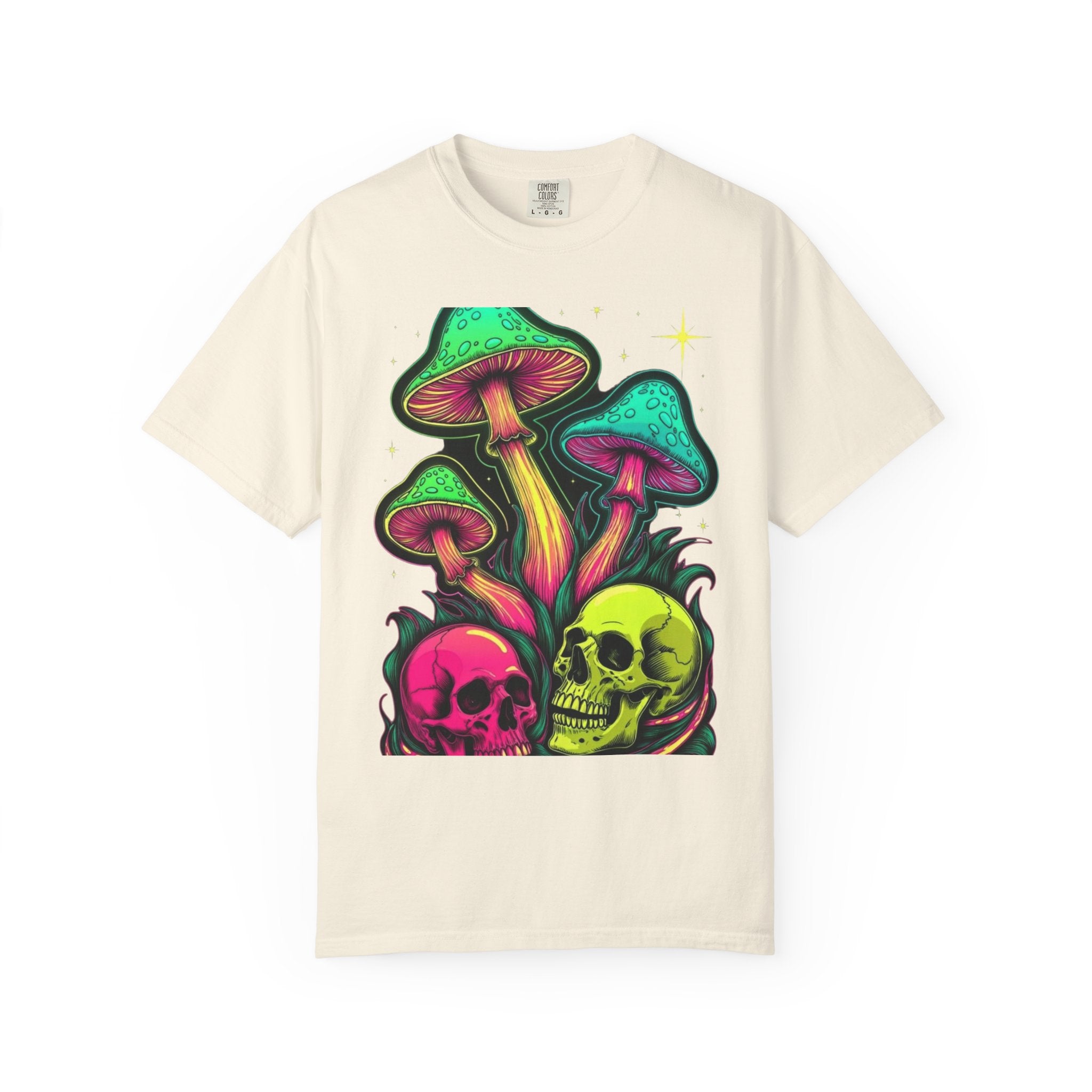 Psychedelic Mushroom & Skulls T-Shirt — Neon Trippy Graphic Tee