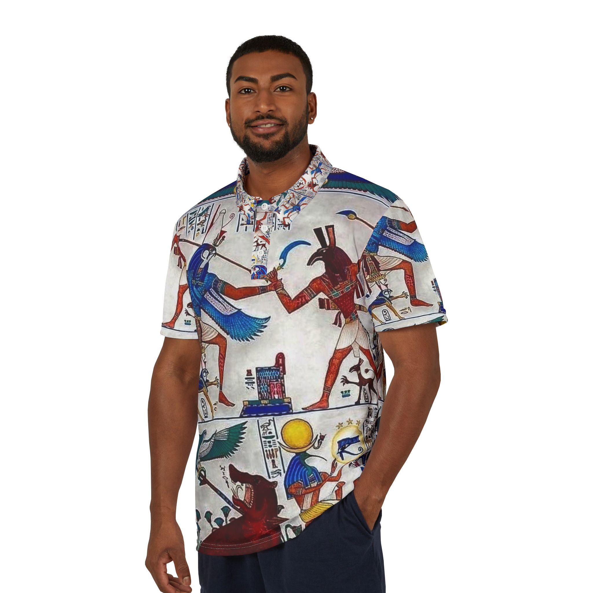 Egyptian-Inspired Unisex Polo Shirt, Unique Graphic Tee, AOP Design, Casual Wear, Gift for Art Lovers, Summer Fashion